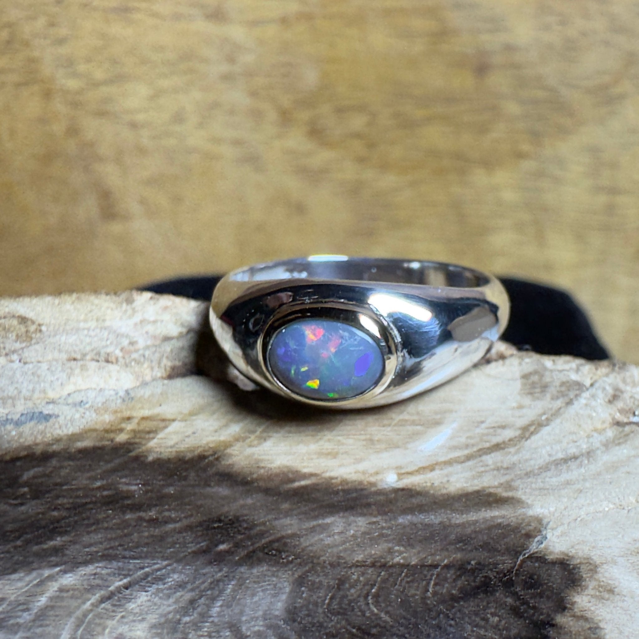 Byron Tides - 0.6ct Solid Lightning Ridge Semi Black Opal Two - Tone 9ct Gold & 925 Sterling Silver Ring