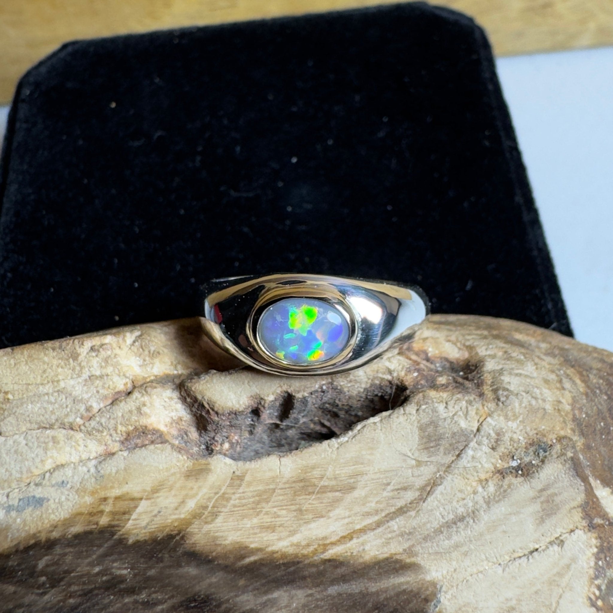 Byron Tides - 0.6ct Solid Lightning Ridge Semi Black Opal Two - Tone 9ct Gold & 925 Sterling Silver Ring
