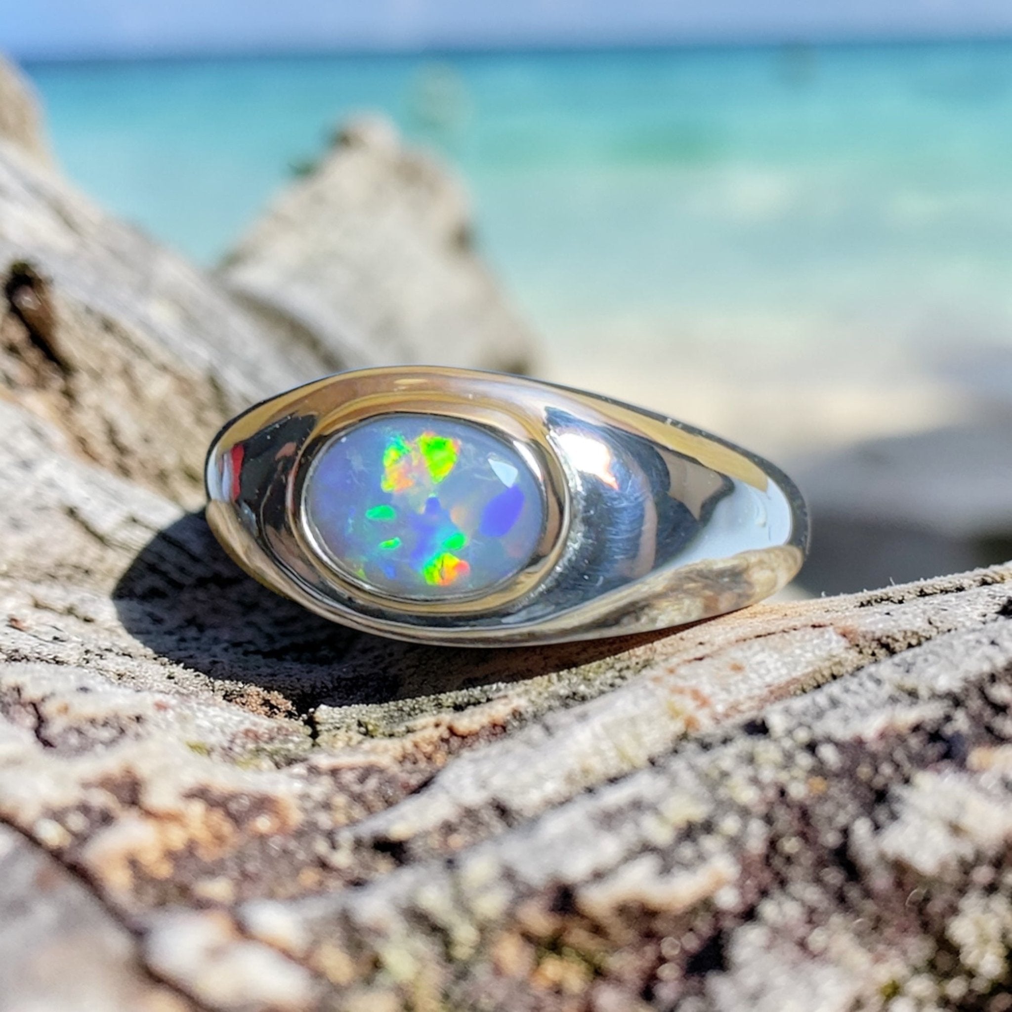 Byron Tides - 0.6ct Solid Lightning Ridge Semi Black Opal Two - Tone 9ct Gold & 925 Sterling Silver Ring