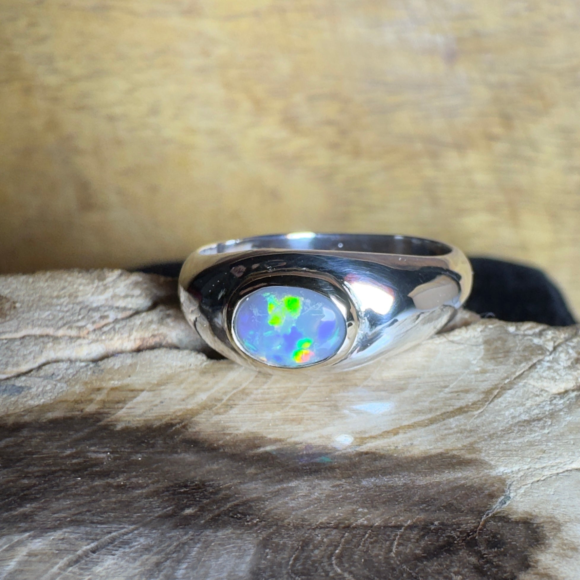 Byron Tides - 0.6ct Solid Lightning Ridge Semi Black Opal Two - Tone 9ct Gold & 925 Sterling Silver Ring