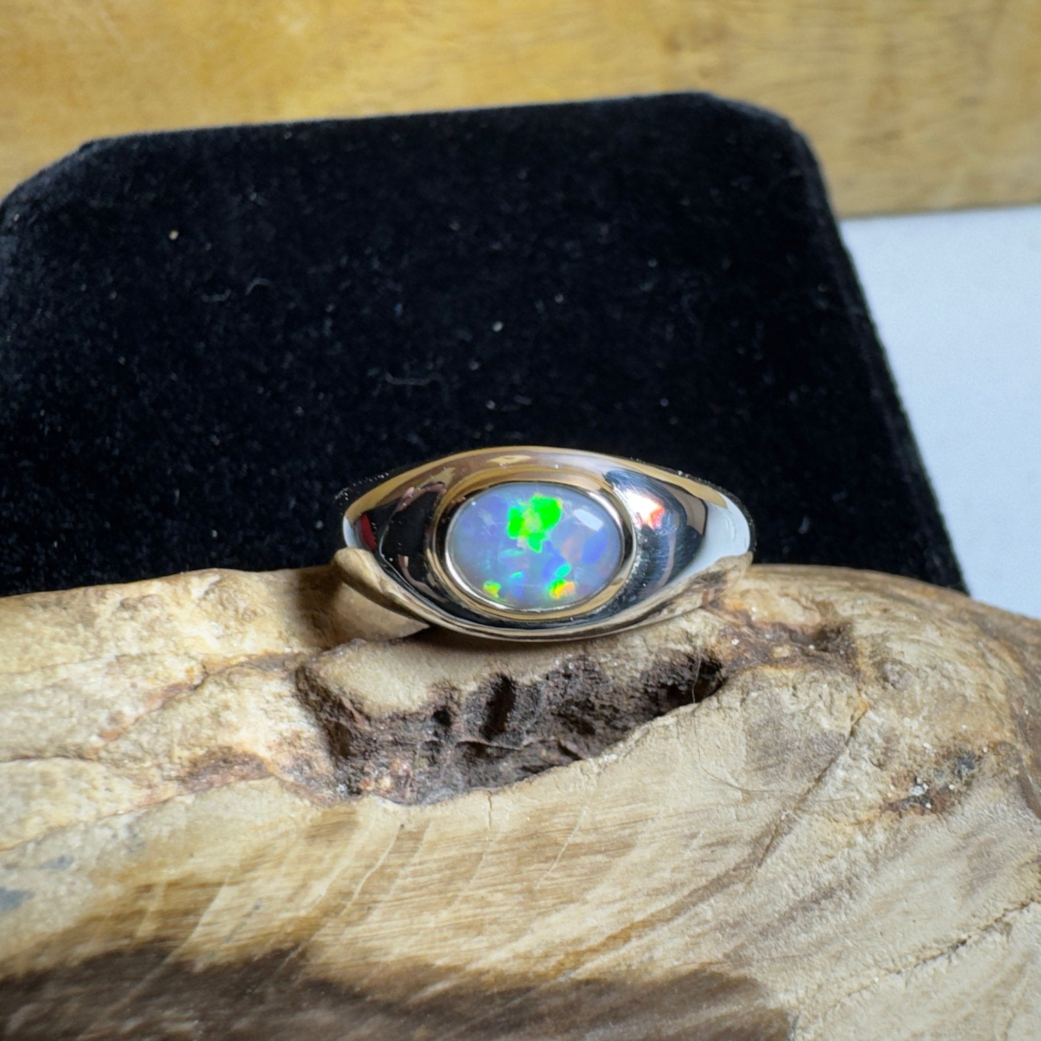 Byron Tides - 0.6ct Solid Lightning Ridge Semi Black Opal Two - Tone 9ct Gold & 925 Sterling Silver Ring