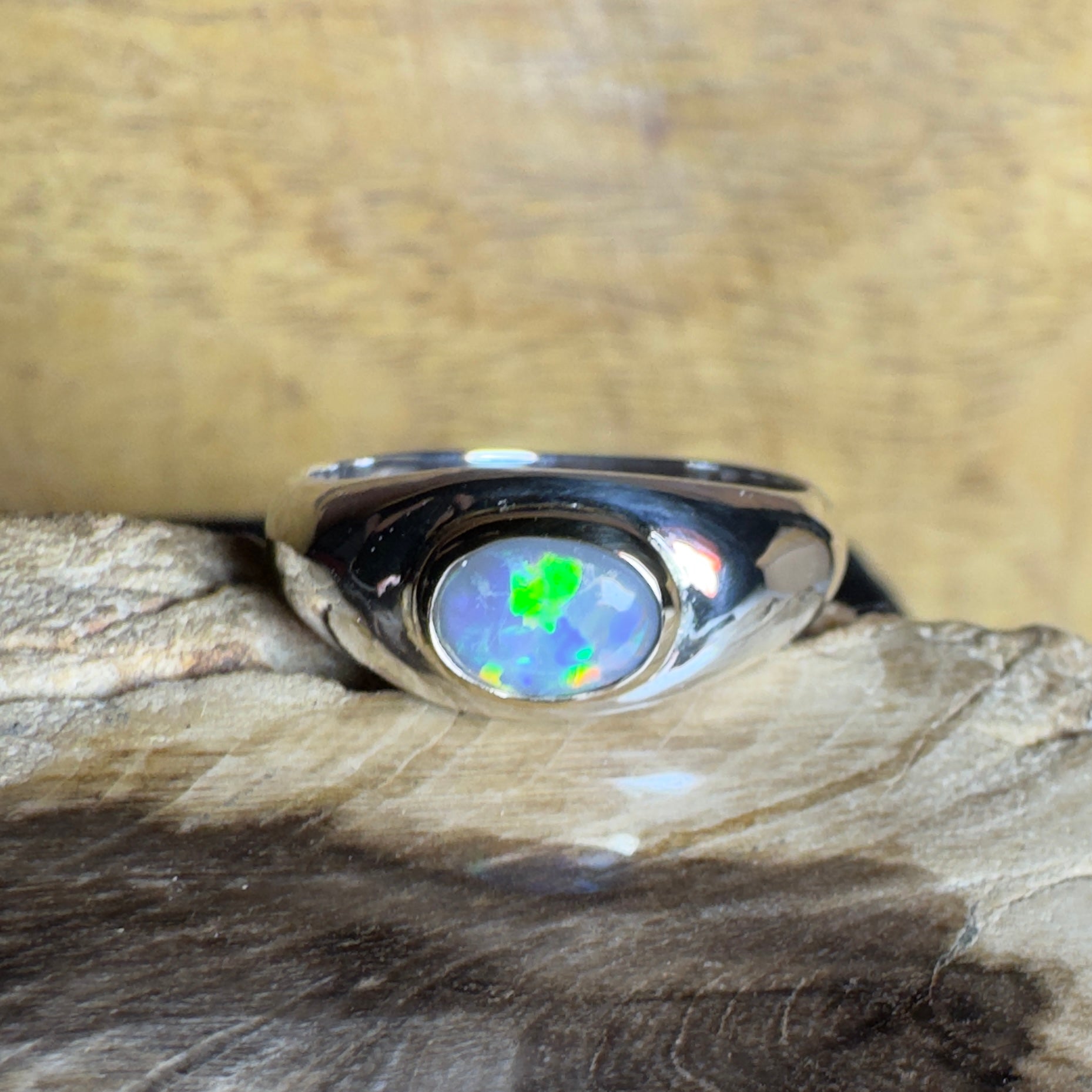 Byron Tides - 0.6ct Solid Lightning Ridge Semi Black Opal Two - Tone 9ct Gold & 925 Sterling Silver Ring