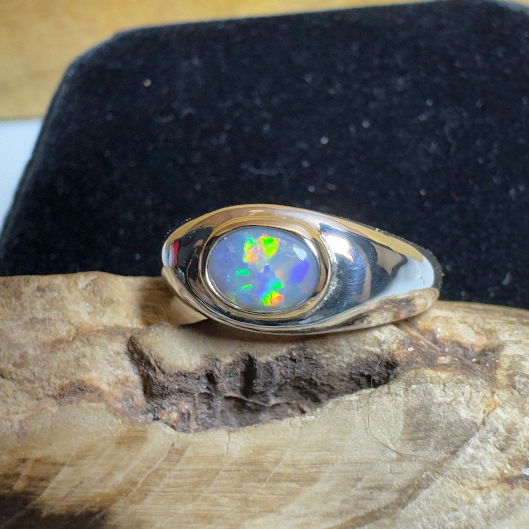 Byron Tides - 0.6ct Solid Lightning Ridge Semi Black Opal Two - Tone 9ct Gold & 925 Sterling Silver Ring