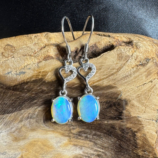 Cape Byron Radiance ~ 1.6ct Solid Lightning Ridge Opal and Cubic Zirconia 925 Silver Earrings