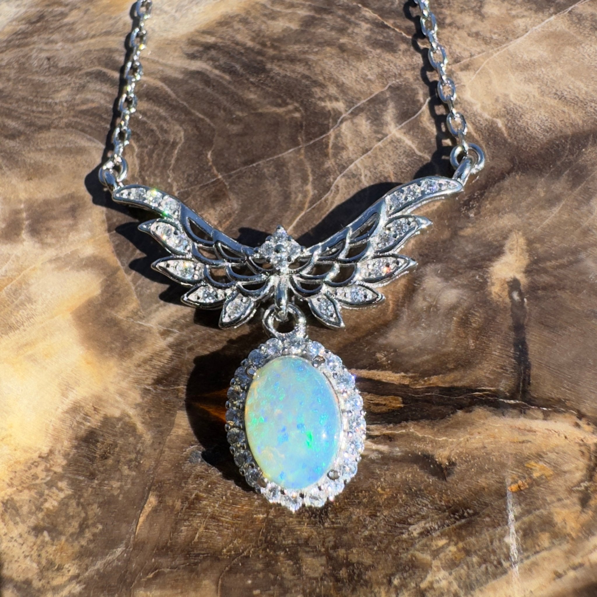 Cape Trib Glowfall ~ 0.9ct Solid Lightning Ridge and Cubic Zirconia 925 Sterling Silver Necklace