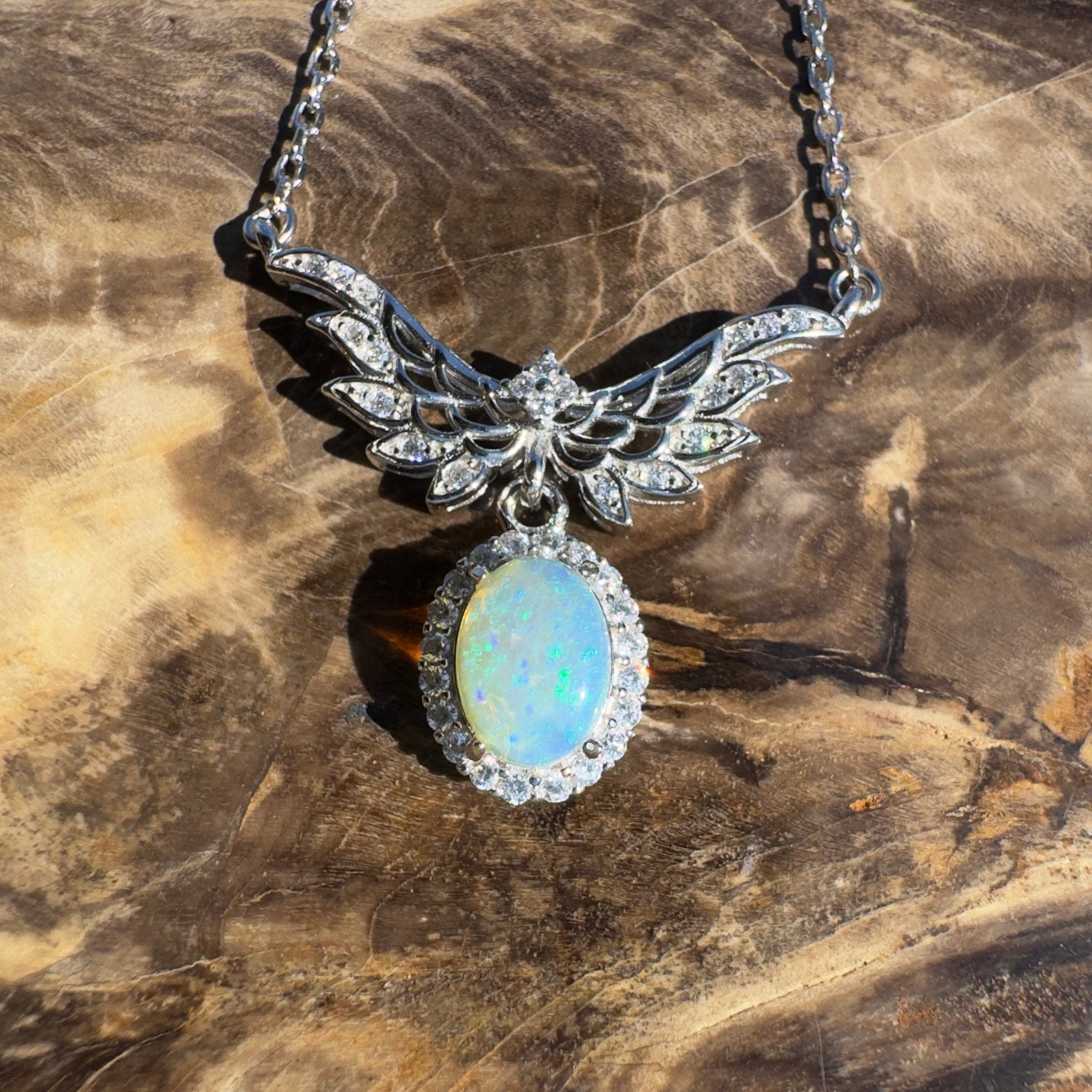 Cape Trib Glowfall ~ 0.9ct Solid Lightning Ridge and Cubic Zirconia 925 Sterling Silver Necklace