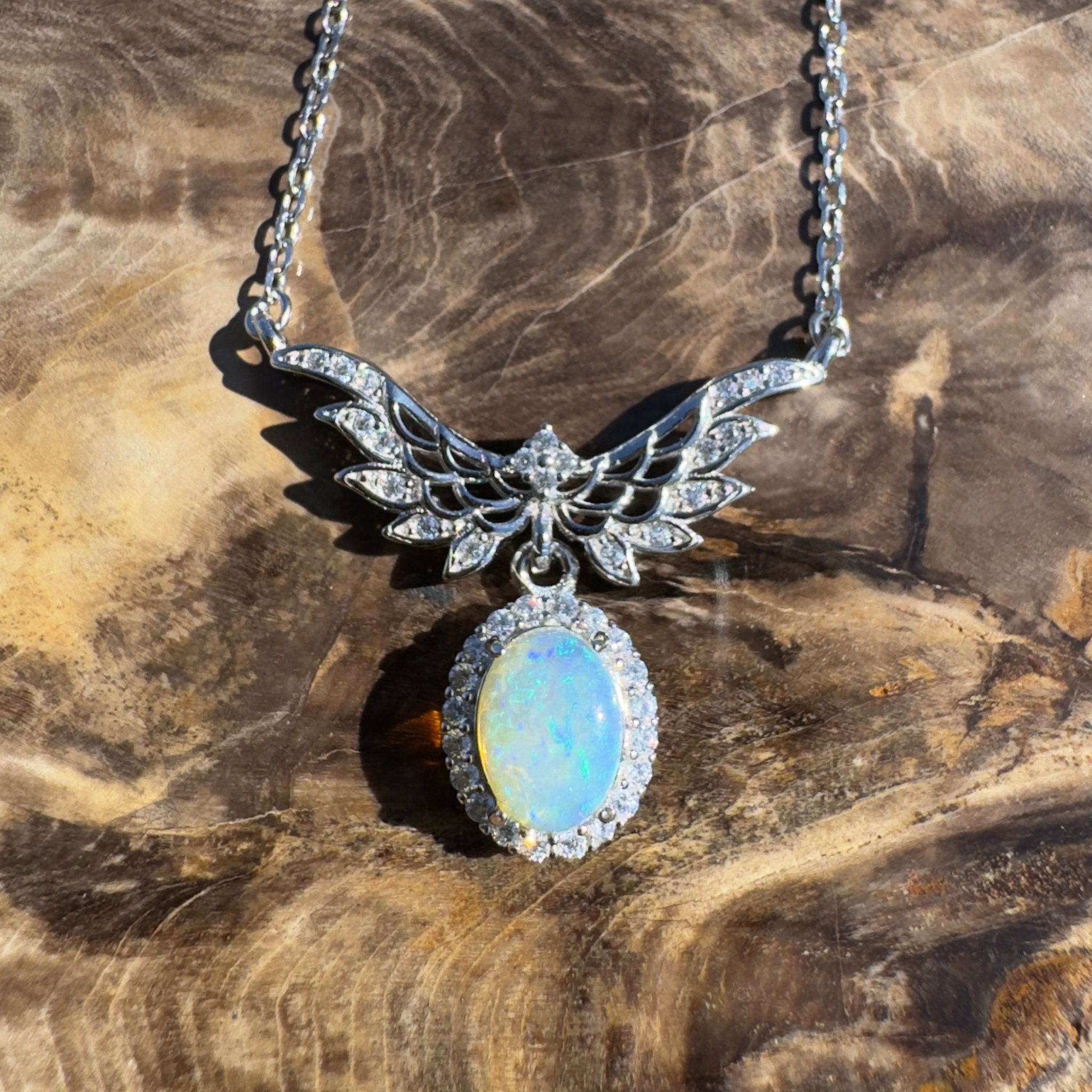 Cape Trib Glowfall ~ 0.9ct Solid Lightning Ridge and Cubic Zirconia 925 Sterling Silver Necklace