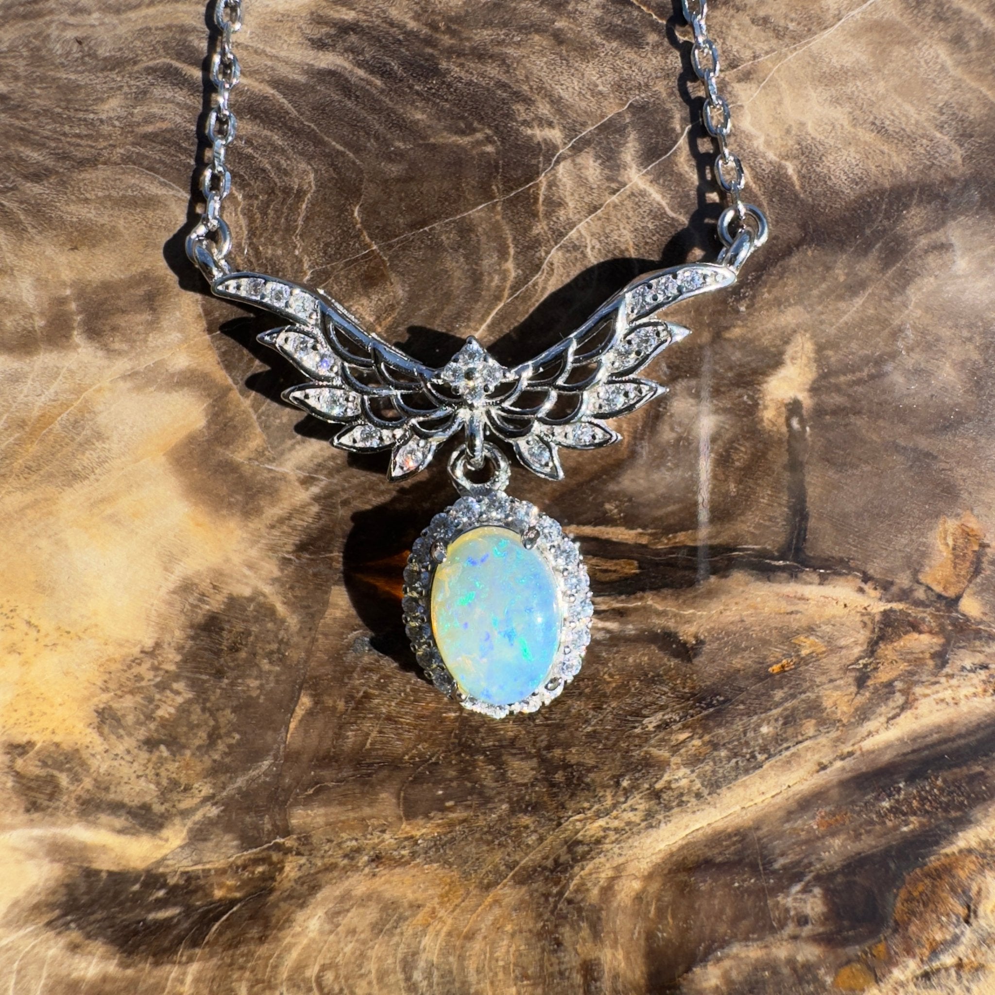 Cape Trib Glowfall ~ 0.9ct Solid Lightning Ridge and Cubic Zirconia 925 Sterling Silver Necklace