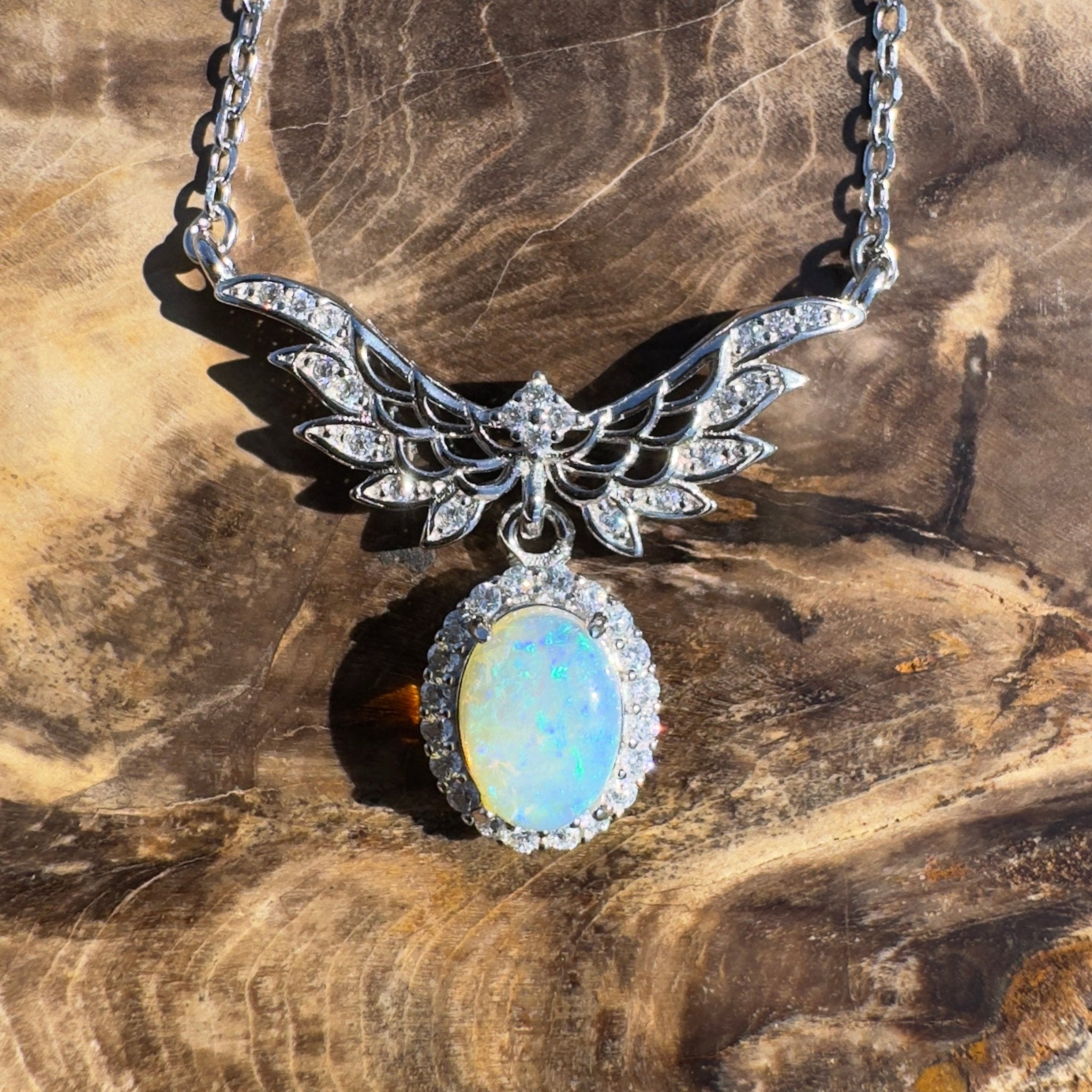 Cape Trib Glowfall ~ 0.9ct Solid Lightning Ridge and Cubic Zirconia 925 Sterling Silver Necklace