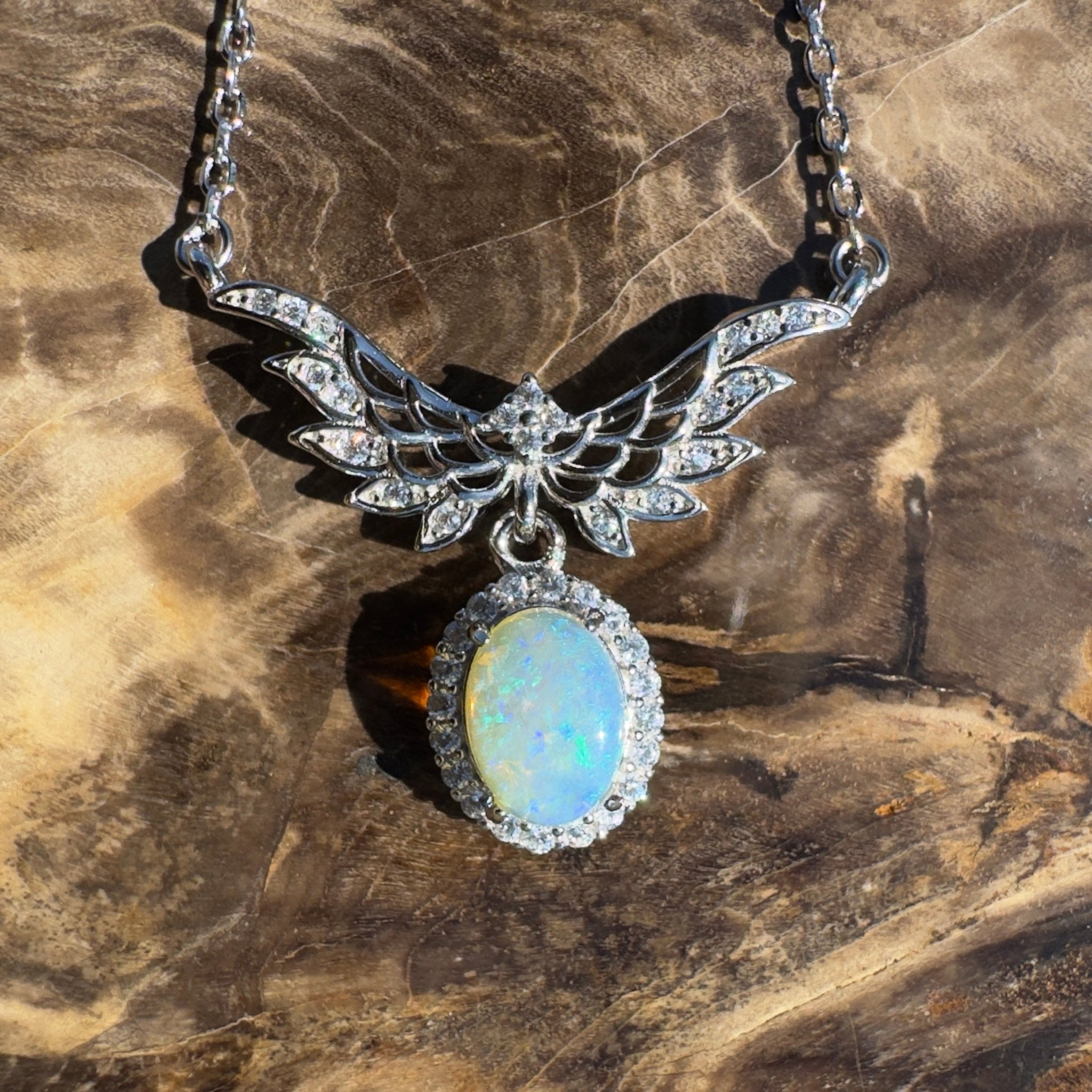 Cape Trib Glowfall ~ 0.9ct Solid Lightning Ridge and Cubic Zirconia 925 Sterling Silver Necklace