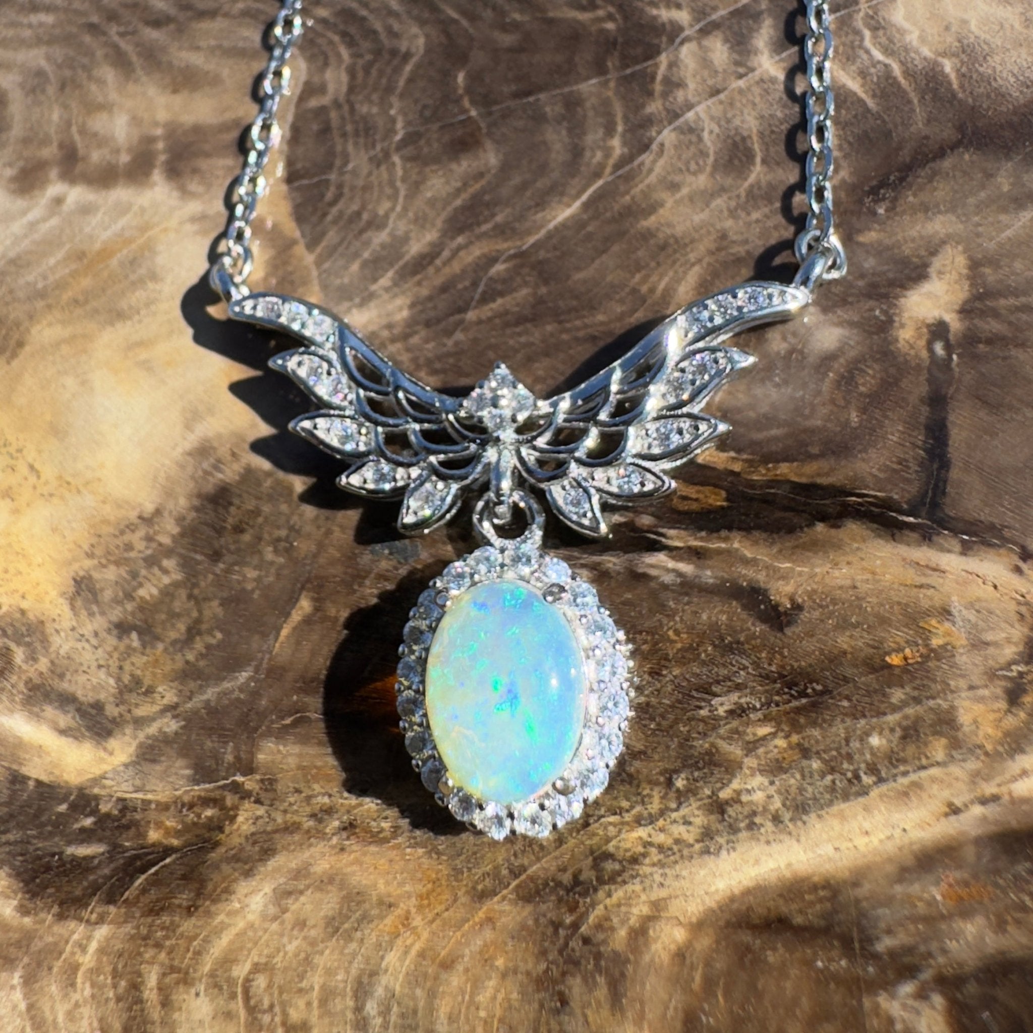 Cape Trib Glowfall ~ 0.9ct Solid Lightning Ridge and Cubic Zirconia 925 Sterling Silver Necklace