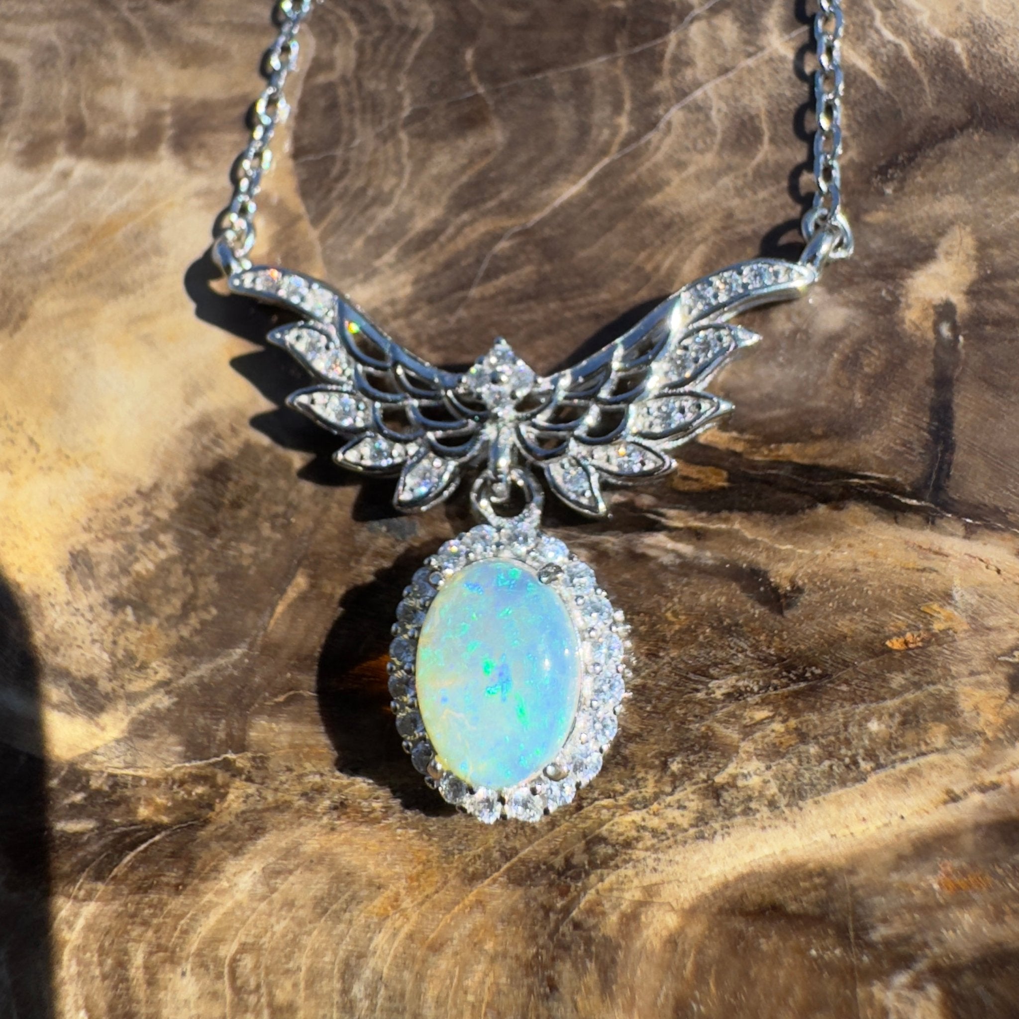 Cape Trib Glowfall ~ 0.9ct Solid Lightning Ridge and Cubic Zirconia 925 Sterling Silver Necklace