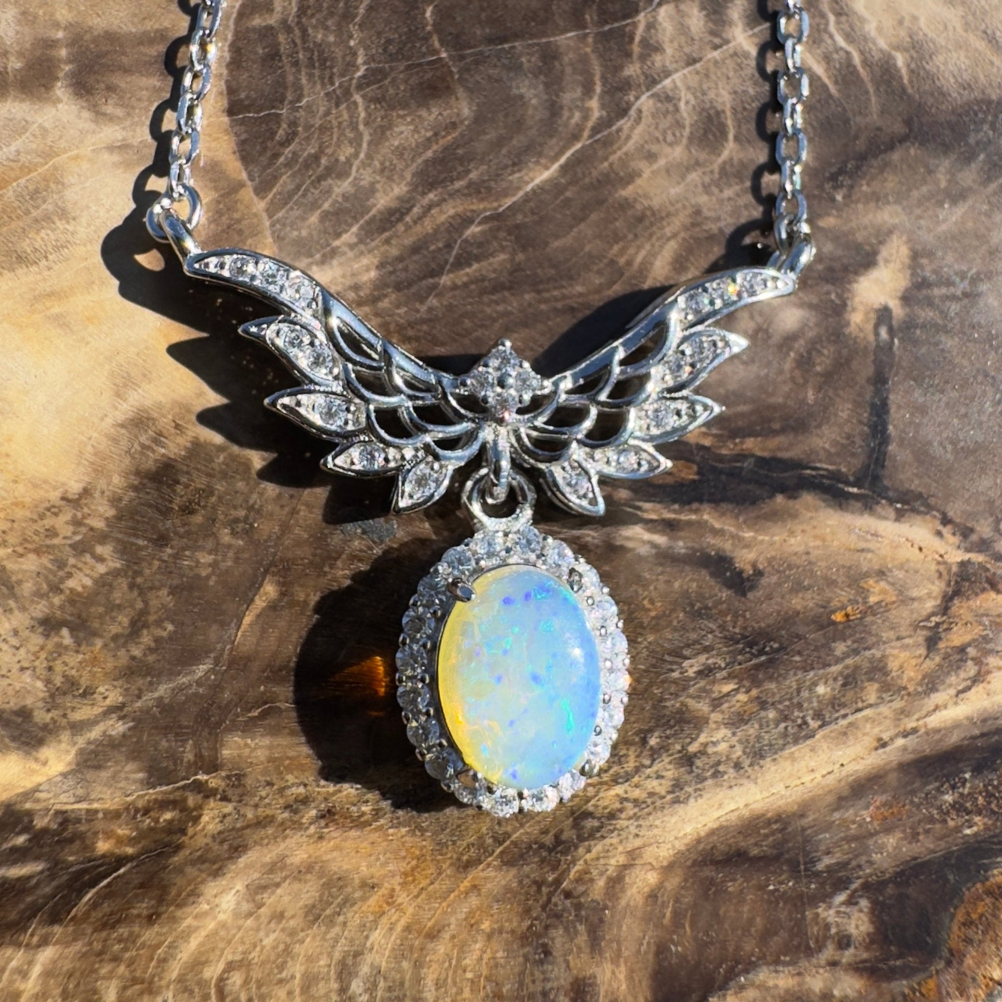 Cape Trib Glowfall ~ 0.9ct Solid Lightning Ridge and Cubic Zirconia 925 Sterling Silver Necklace