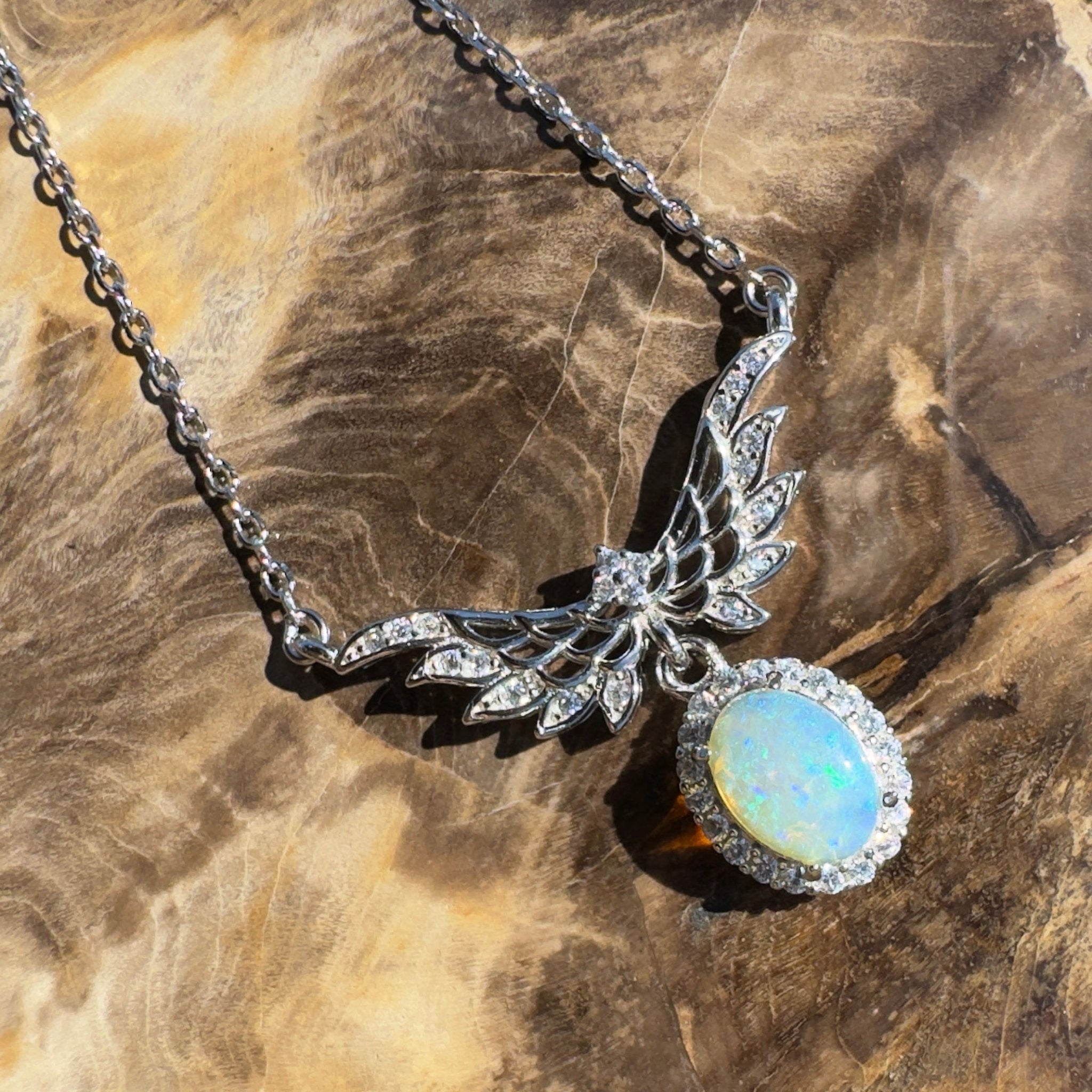 Cape Trib Glowfall ~ 0.9ct Solid Lightning Ridge and Cubic Zirconia 925 Sterling Silver Necklace