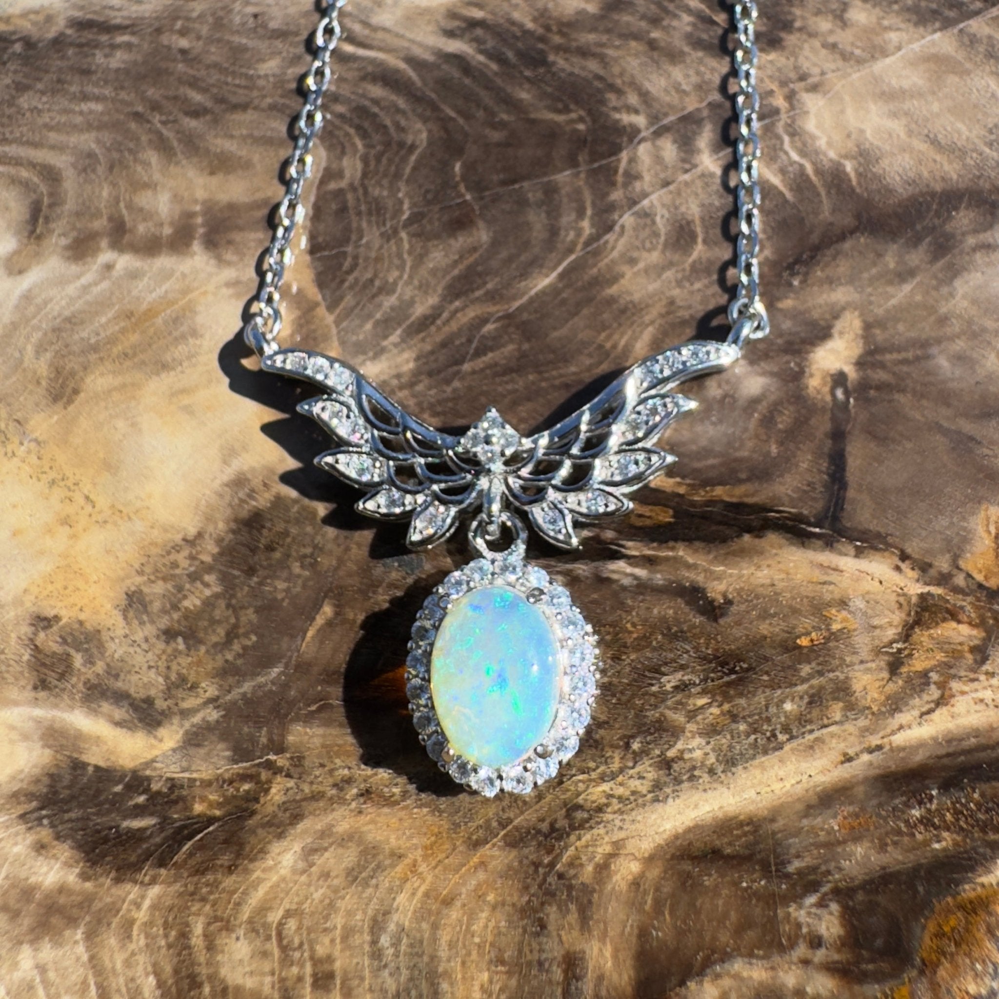 Cape Trib Glowfall ~ 0.9ct Solid Lightning Ridge and Cubic Zirconia 925 Sterling Silver Necklace