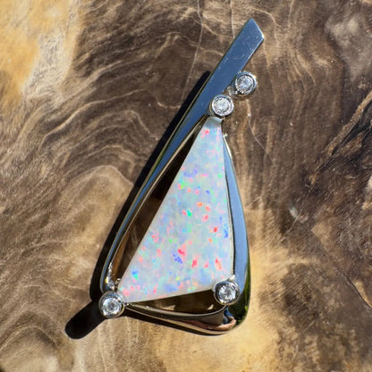 ‘Cape Tribulation Rain Light’ ~ Handcrafted 2.1ct Solid Lightning Ridge Opal and Cubic Zirconia 925 Sterling Silver Pendant Necklace