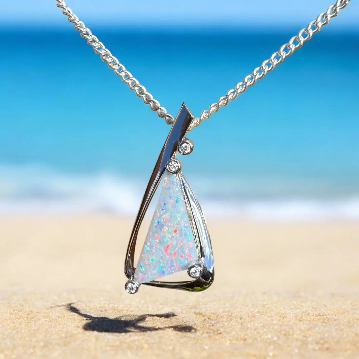 ‘Cape Tribulation Rain Light’ ~ Handcrafted 2.1ct Solid Lightning Ridge Opal and Cubic Zirconia 925 Sterling Silver Pendant Necklace