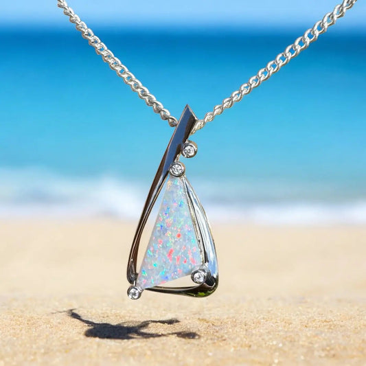 ‘Cape Tribulation Rain Light’ ~ Handcrafted 2.1ct Solid Lightning Ridge Opal and Cubic Zirconia 925 Sterling Silver Pendant Necklace
