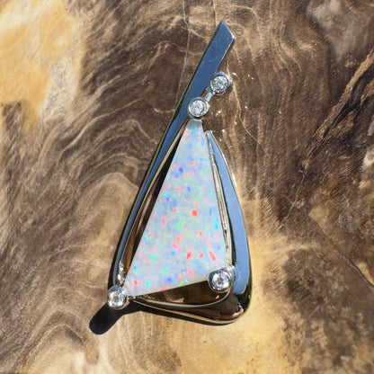‘Cape Tribulation Rain Light’ ~ Handcrafted 2.1ct Solid Lightning Ridge Opal and Cubic Zirconia 925 Sterling Silver Pendant Necklace