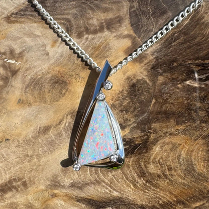 ‘Cape Tribulation Rain Light’ ~ Handcrafted 2.1ct Solid Lightning Ridge Opal and Cubic Zirconia 925 Sterling Silver Pendant Necklace