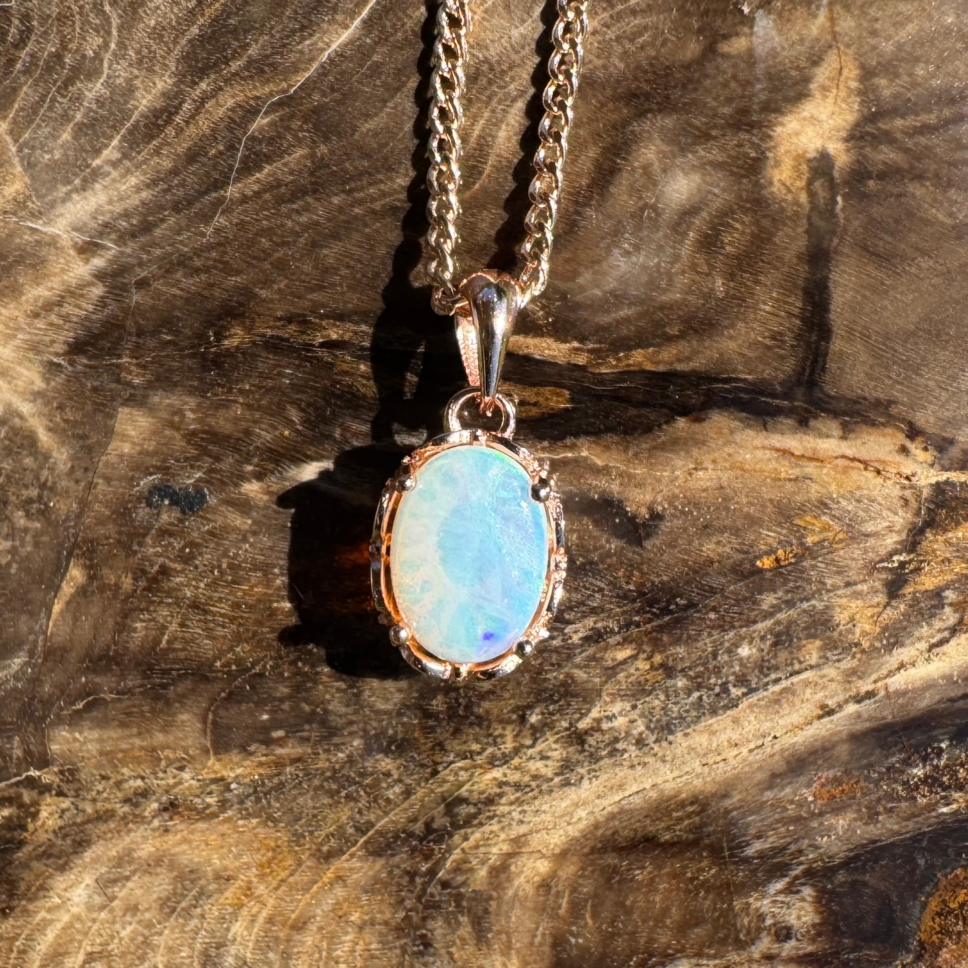 Carnarvon Drift Fire ~ 0.6ct Solid Lightning Ridge Opal Rose Gold Coated 925 Sterling Silver Pendant