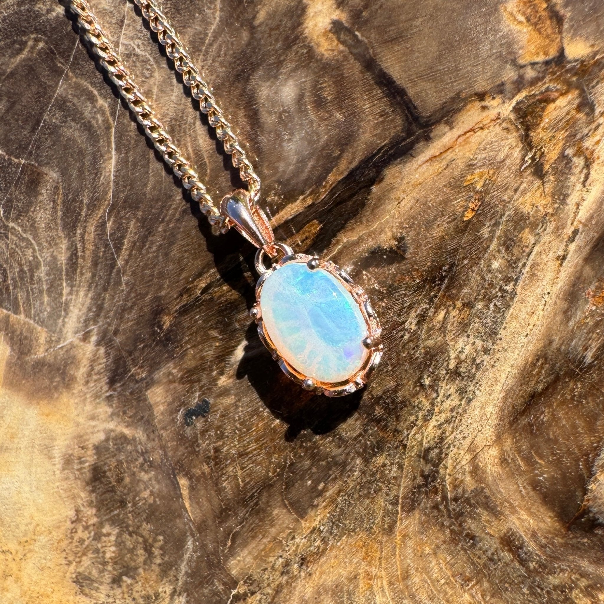 Carnarvon Drift Fire ~ 0.6ct Solid Lightning Ridge Opal Rose Gold Coated 925 Sterling Silver Pendant