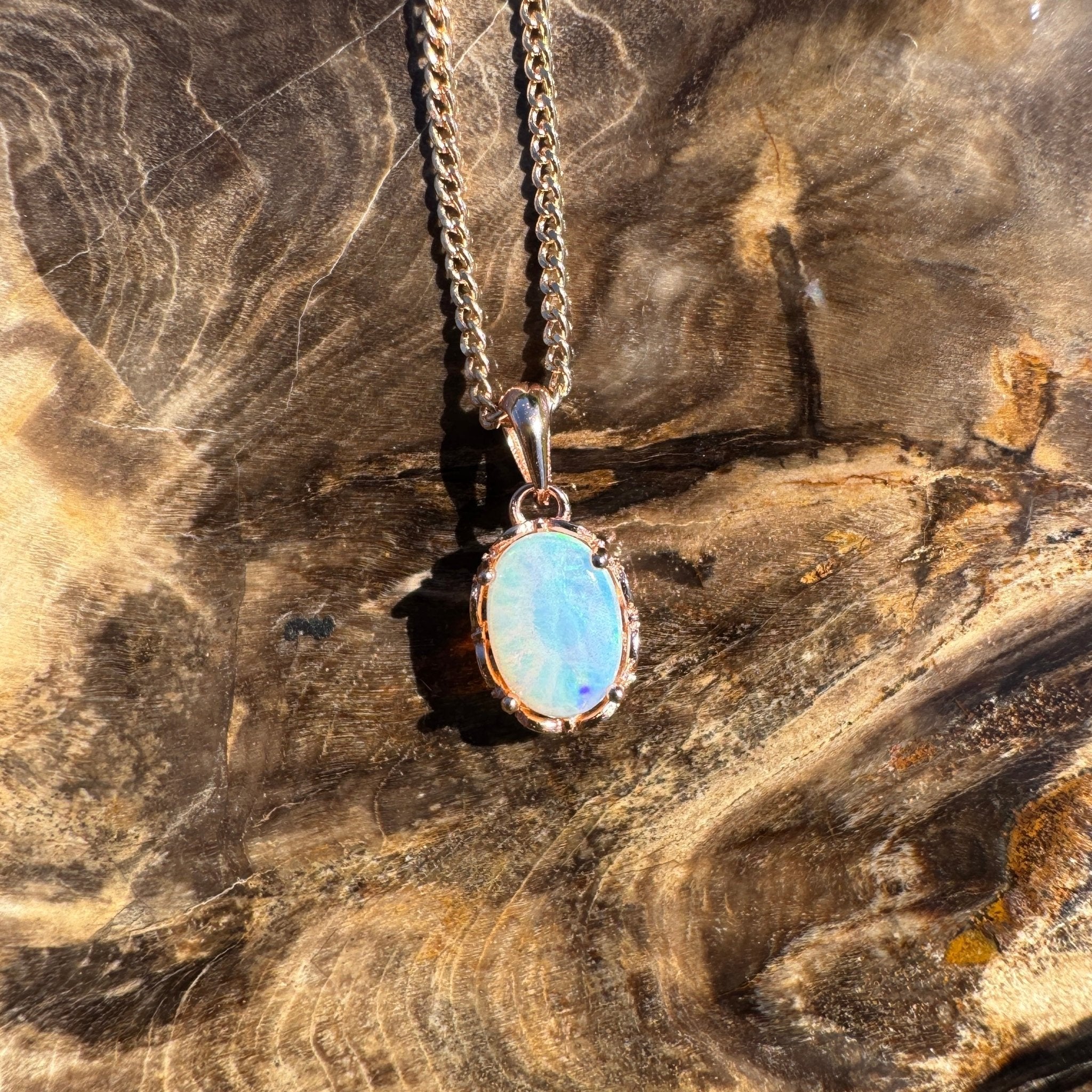 Carnarvon Drift Fire ~ 0.6ct Solid Lightning Ridge Opal Rose Gold Coated 925 Sterling Silver Pendant