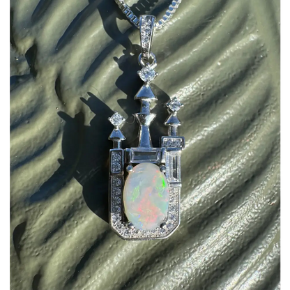 Opal castle pendant featuring 1.0ct Lightning Ridge Opal and Cubic Zirconia in sterling silver