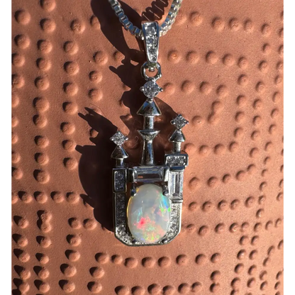 Opal and diamond castle pendant from Castle on the Hill handcrafted 925 Sterling Silver necklace