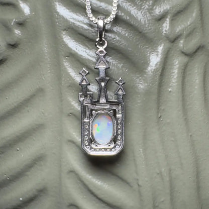Silver castle pendant with opal and cubic zirconia on sterling silver chain