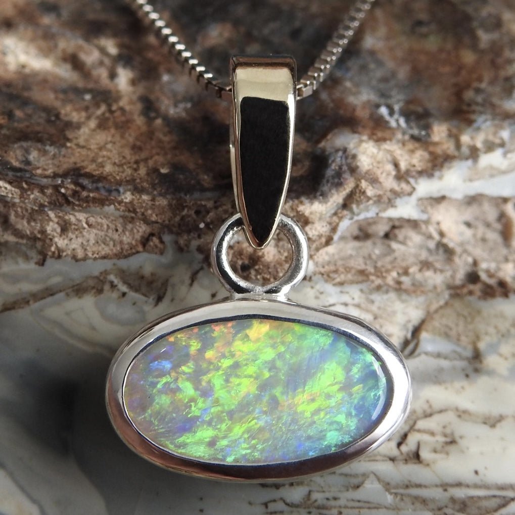 Celestial Glow ~ 1.80ct Solid Lightning Ridge Opal Two - tone 10k Gold and 925 Sterling Silver Pendant Necklace