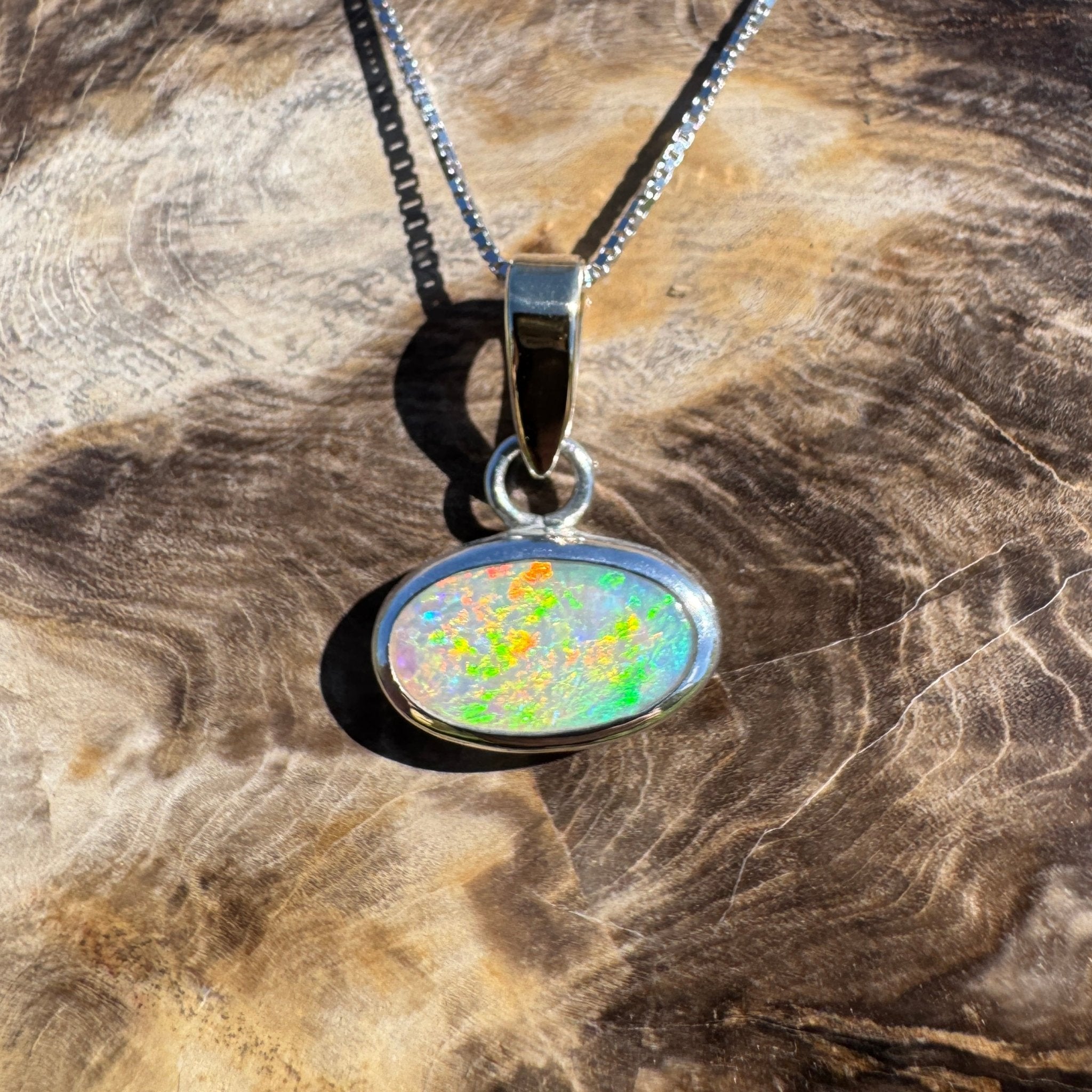 Celestial Glow ~ 1.80ct Solid Lightning Ridge Opal Two - tone 10k Gold and 925 Sterling Silver Pendant Necklace