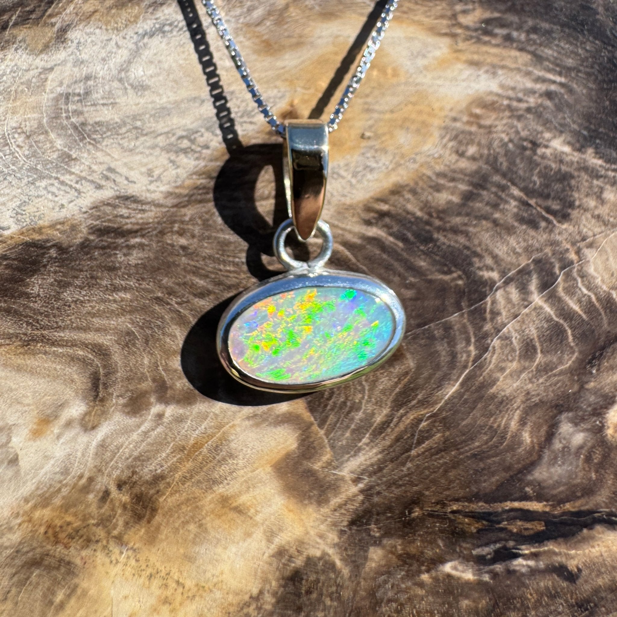Celestial Glow ~ 1.80ct Solid Lightning Ridge Opal Two - tone 10k Gold and 925 Sterling Silver Pendant Necklace