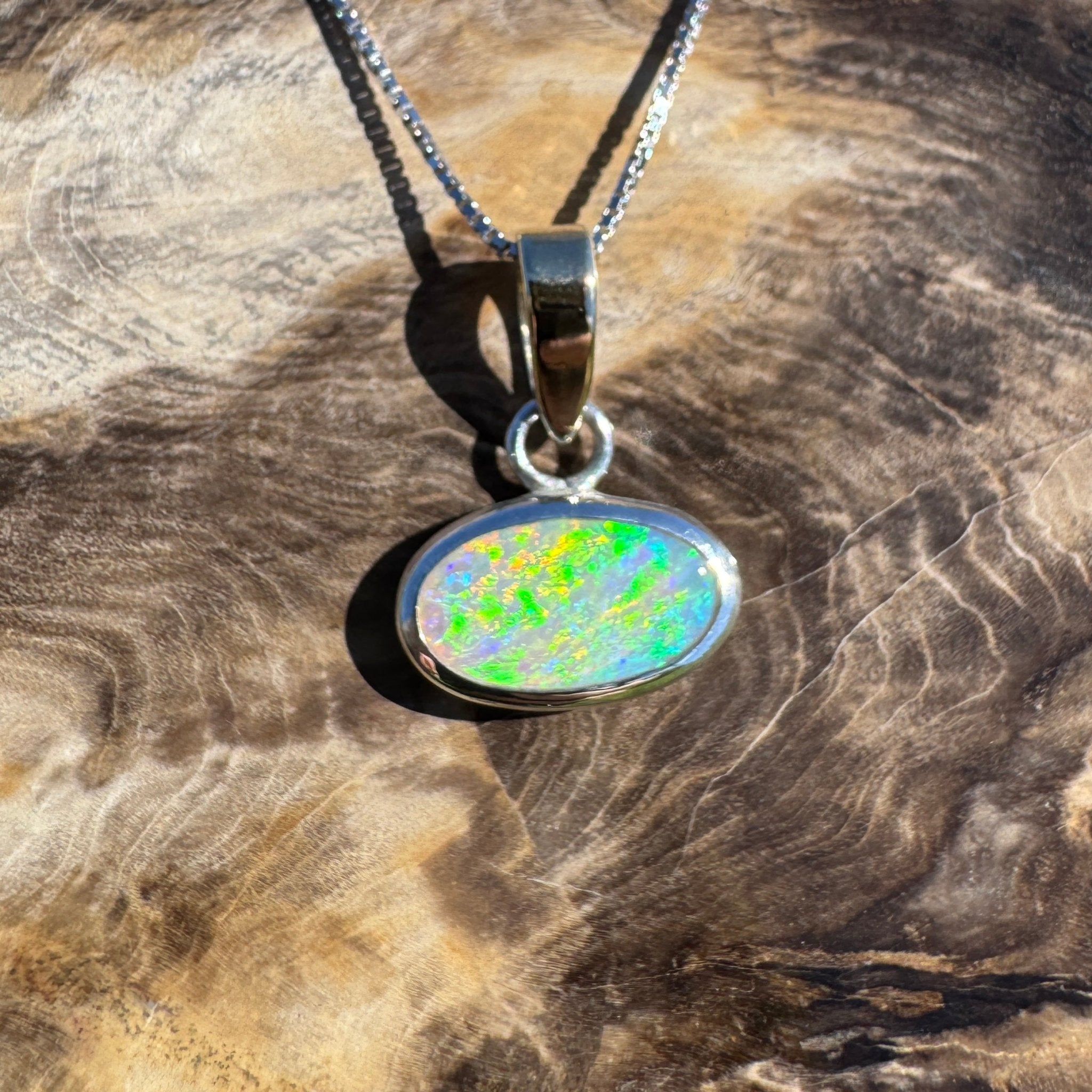 Celestial Glow ~ 1.80ct Solid Lightning Ridge Opal Two - tone 10k Gold and 925 Sterling Silver Pendant Necklace