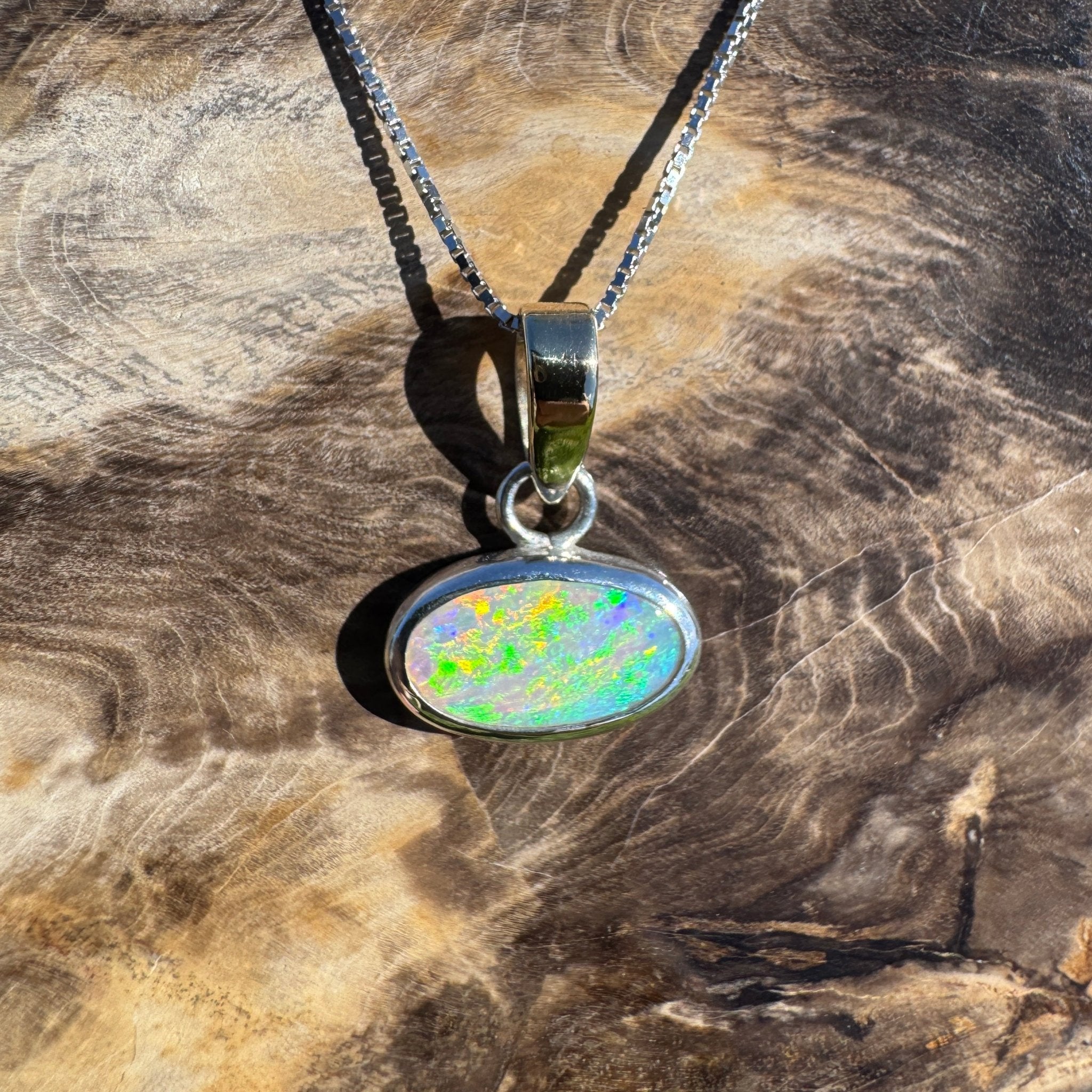 Celestial Glow ~ 1.80ct Solid Lightning Ridge Opal Two - tone 10k Gold and 925 Sterling Silver Pendant Necklace