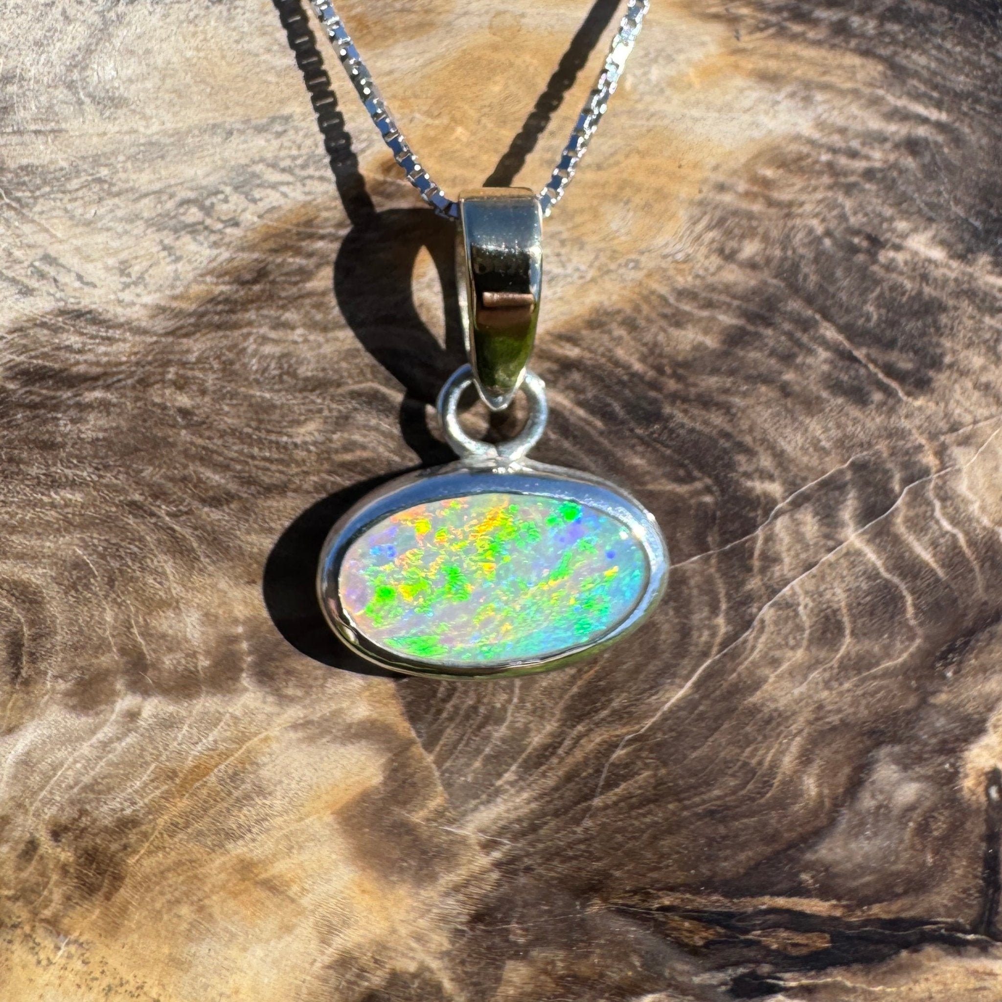 Celestial Glow ~ 1.80ct Solid Lightning Ridge Opal Two - tone 10k Gold and 925 Sterling Silver Pendant Necklace