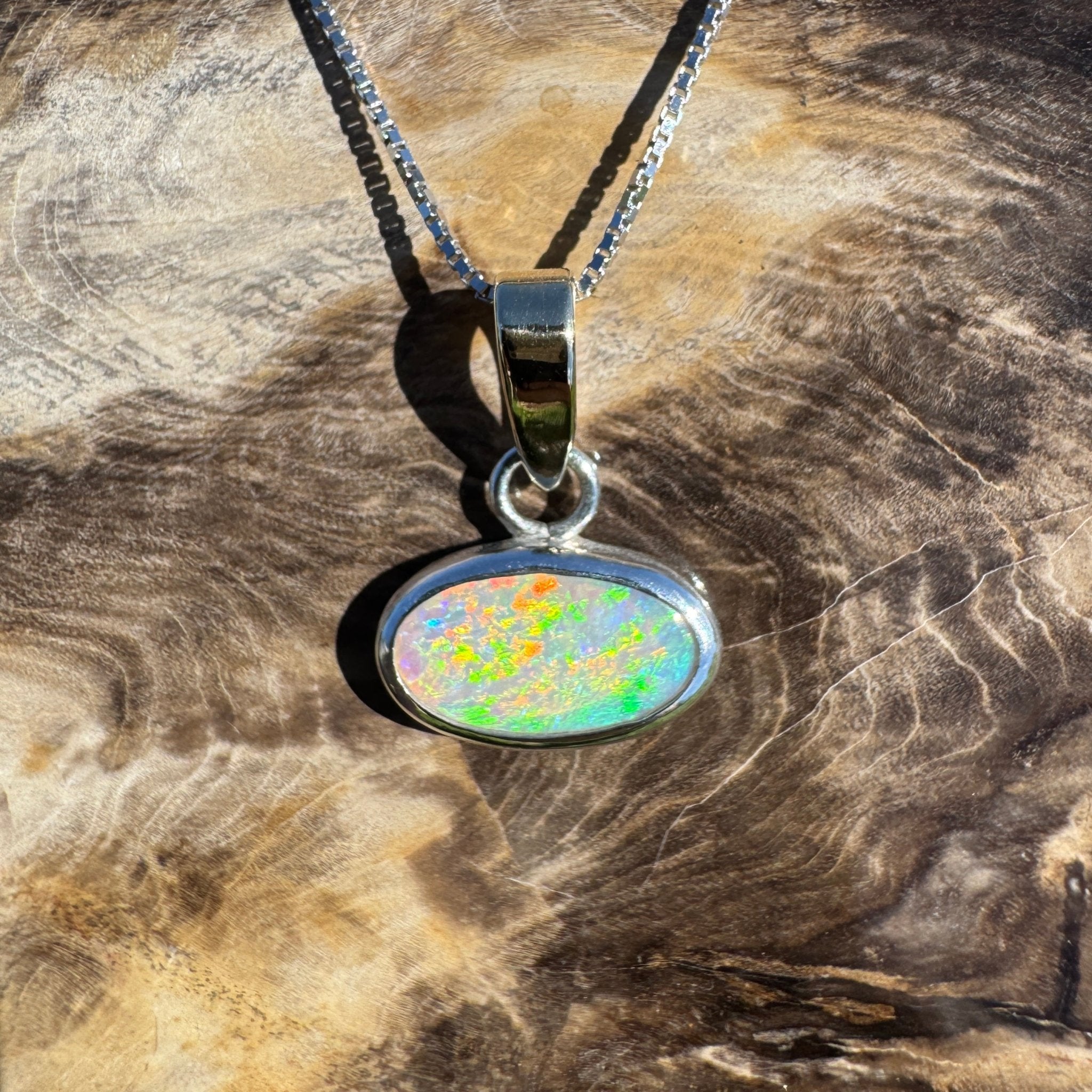 Celestial Glow ~ 1.80ct Solid Lightning Ridge Opal Two - tone 10k Gold and 925 Sterling Silver Pendant Necklace