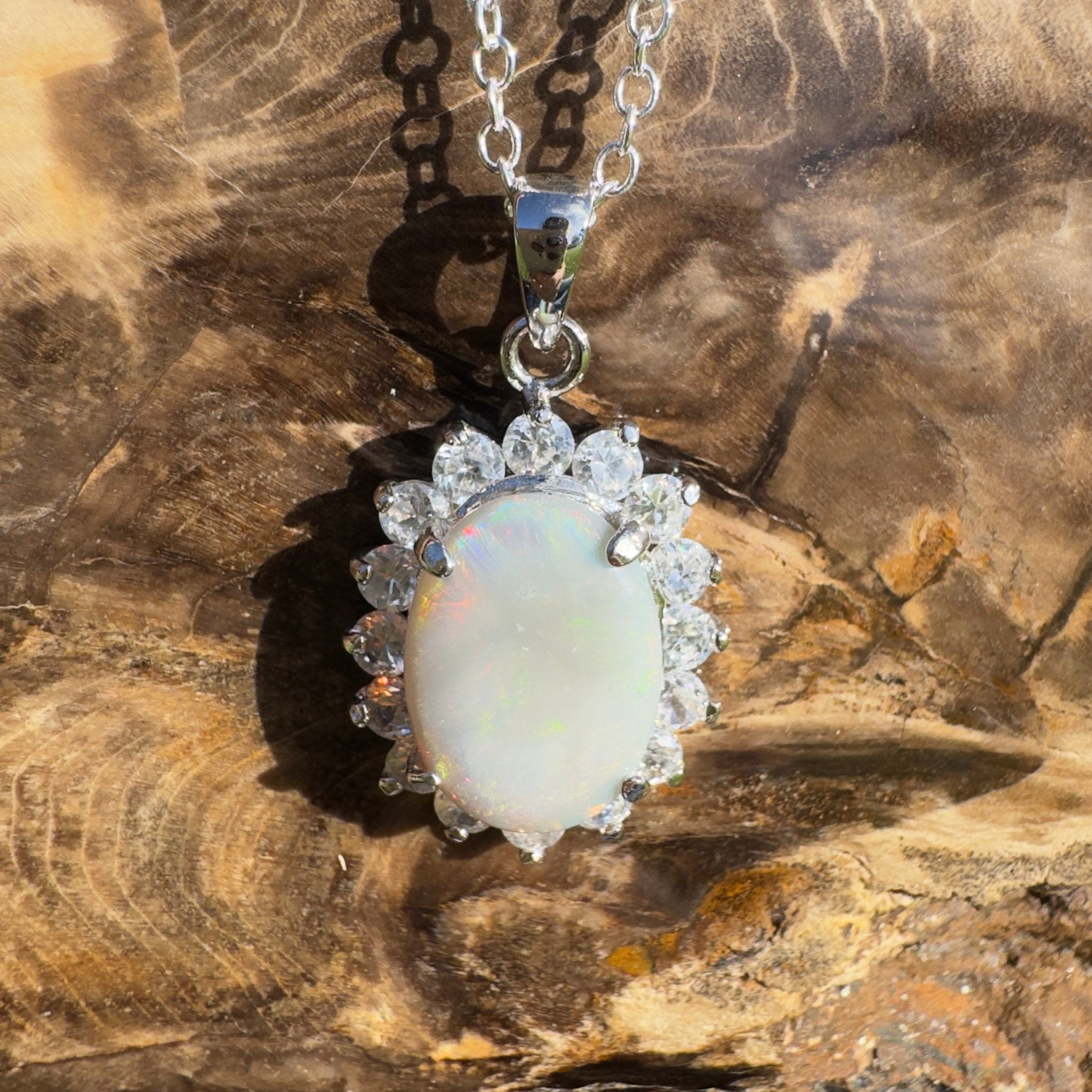 Celestial Halo ~ 2.3ct Lightning Ridge Crystal Opal 925 Silver Pendant