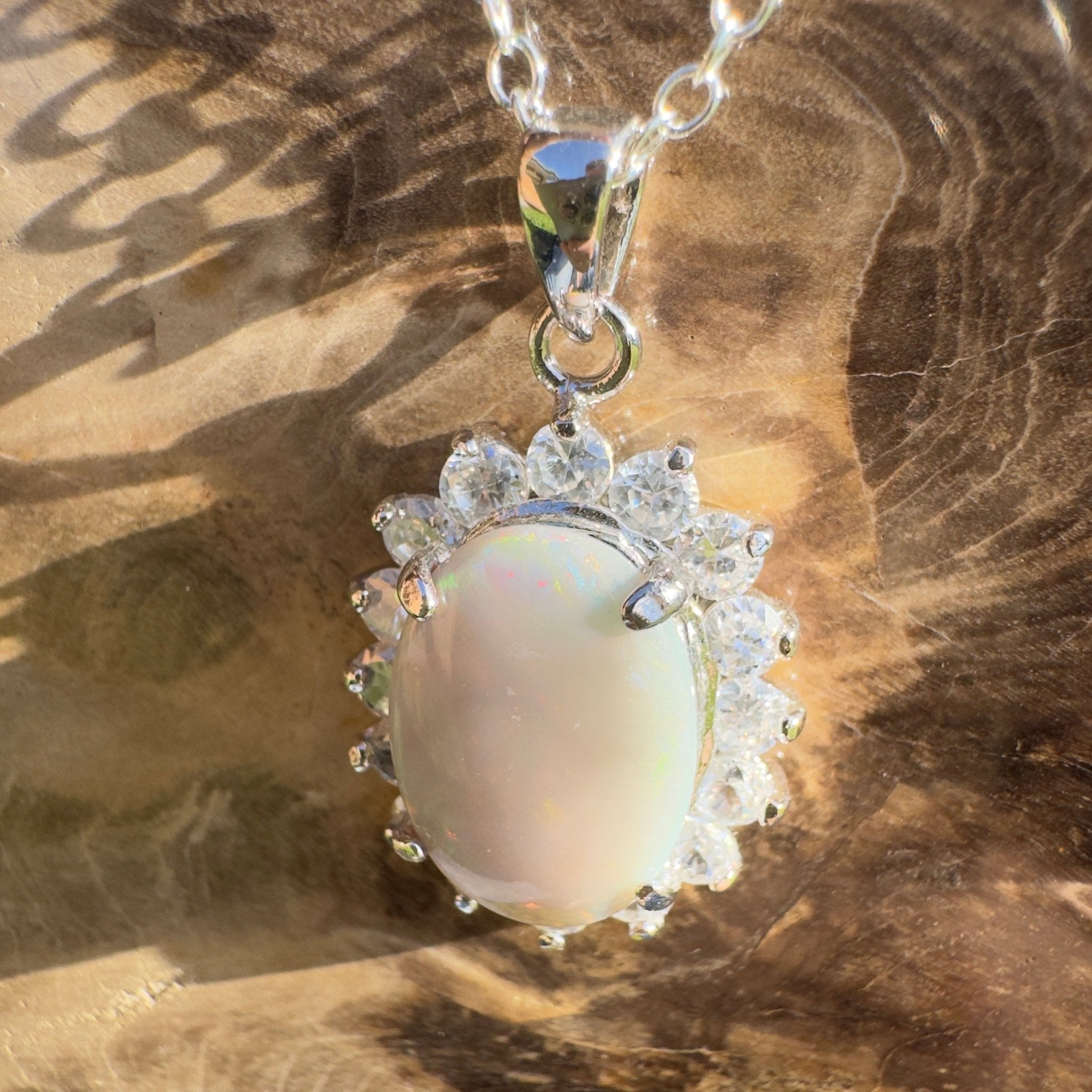 Celestial Halo ~ 2.3ct Lightning Ridge Crystal Opal 925 Silver Pendant