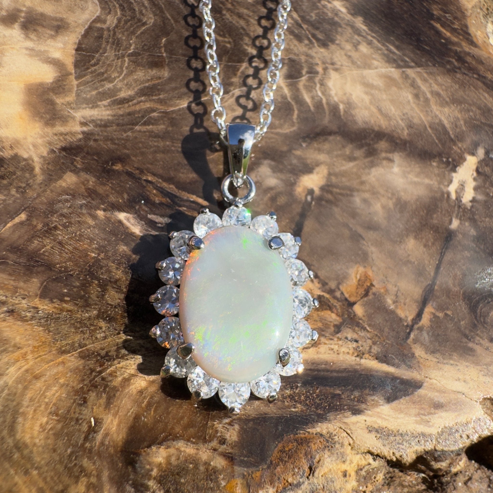 Celestial Halo ~ 2.3ct Lightning Ridge Crystal Opal 925 Silver Pendant