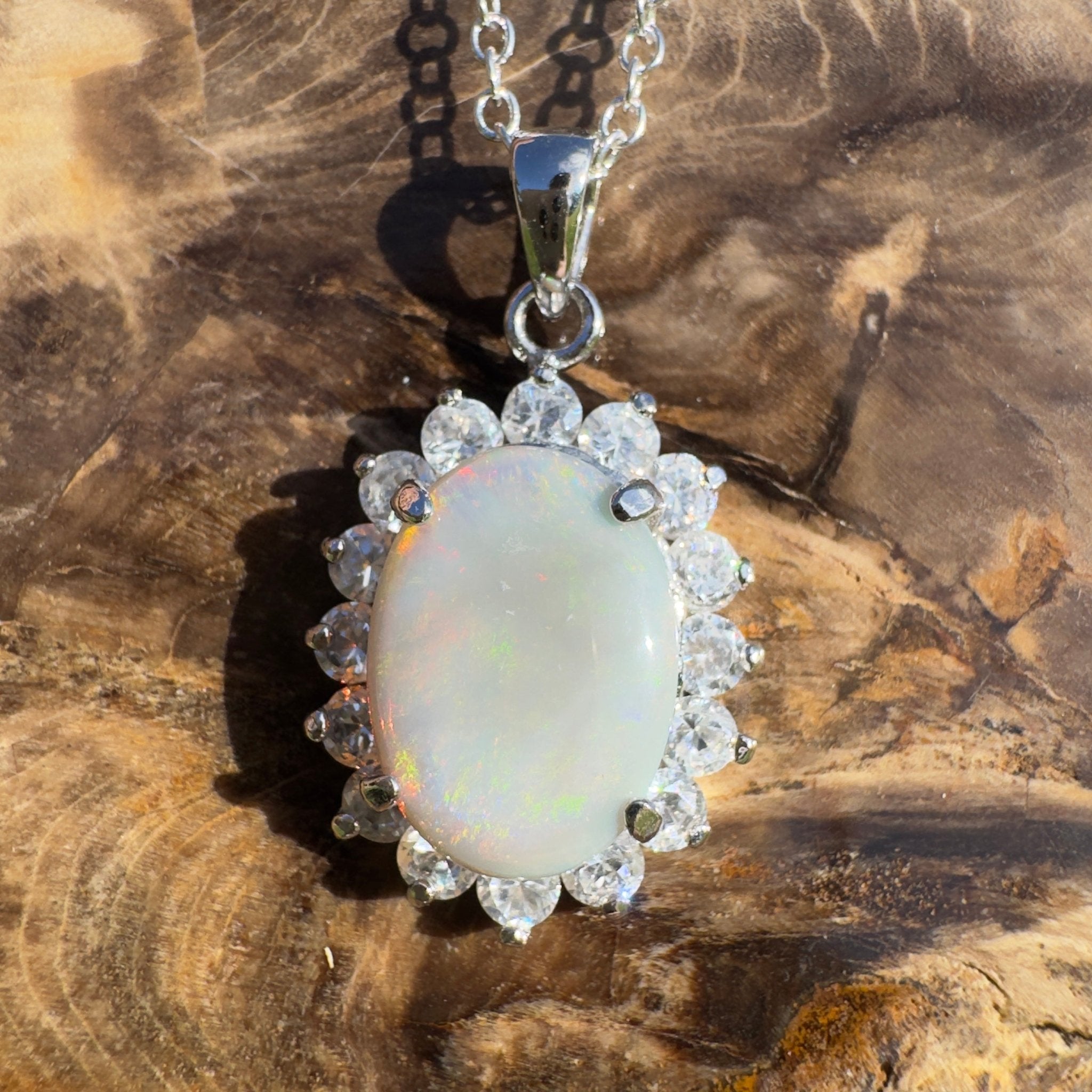 Celestial Halo ~ 2.3ct Lightning Ridge Crystal Opal 925 Silver Pendant