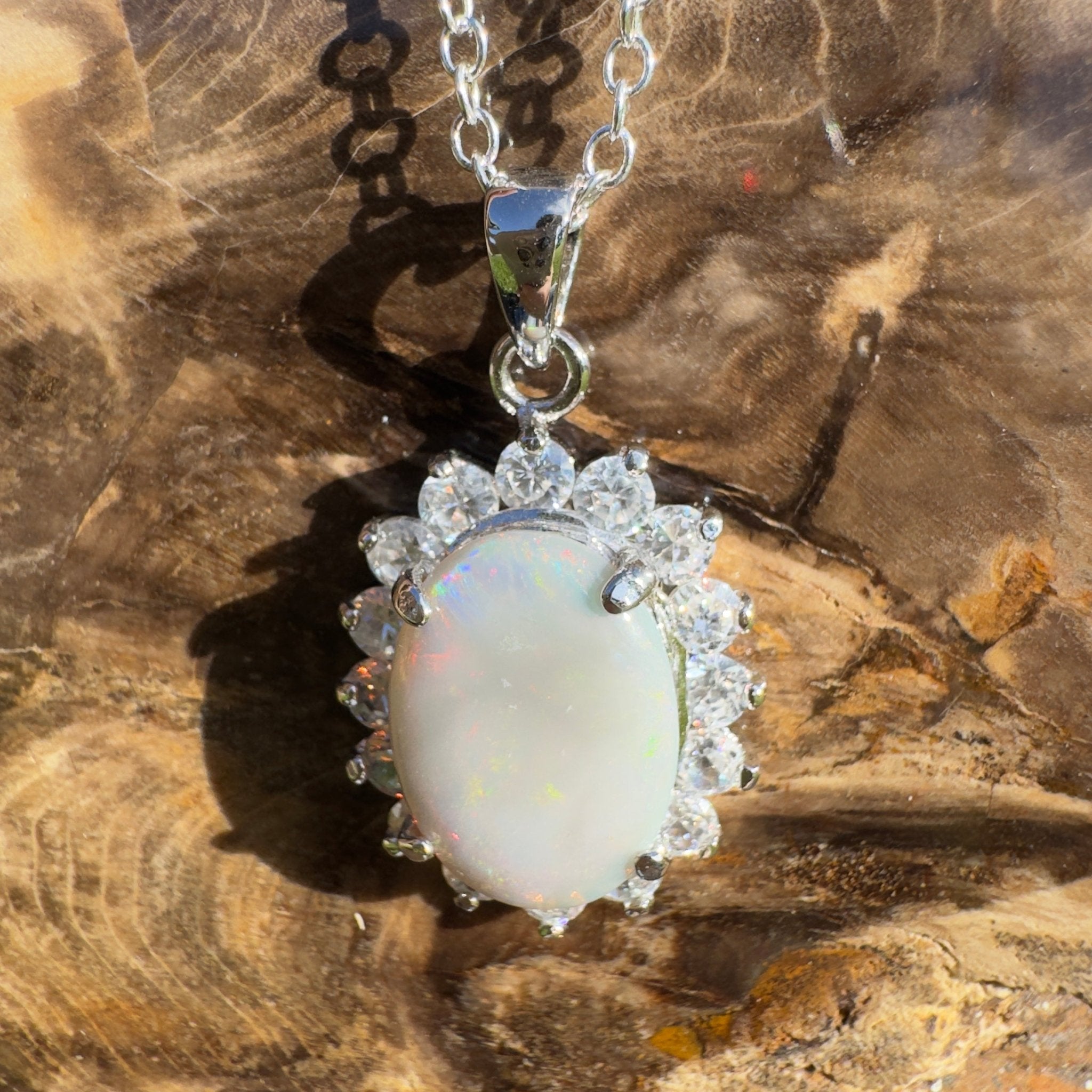 Celestial Halo ~ 2.3ct Lightning Ridge Crystal Opal 925 Silver Pendant