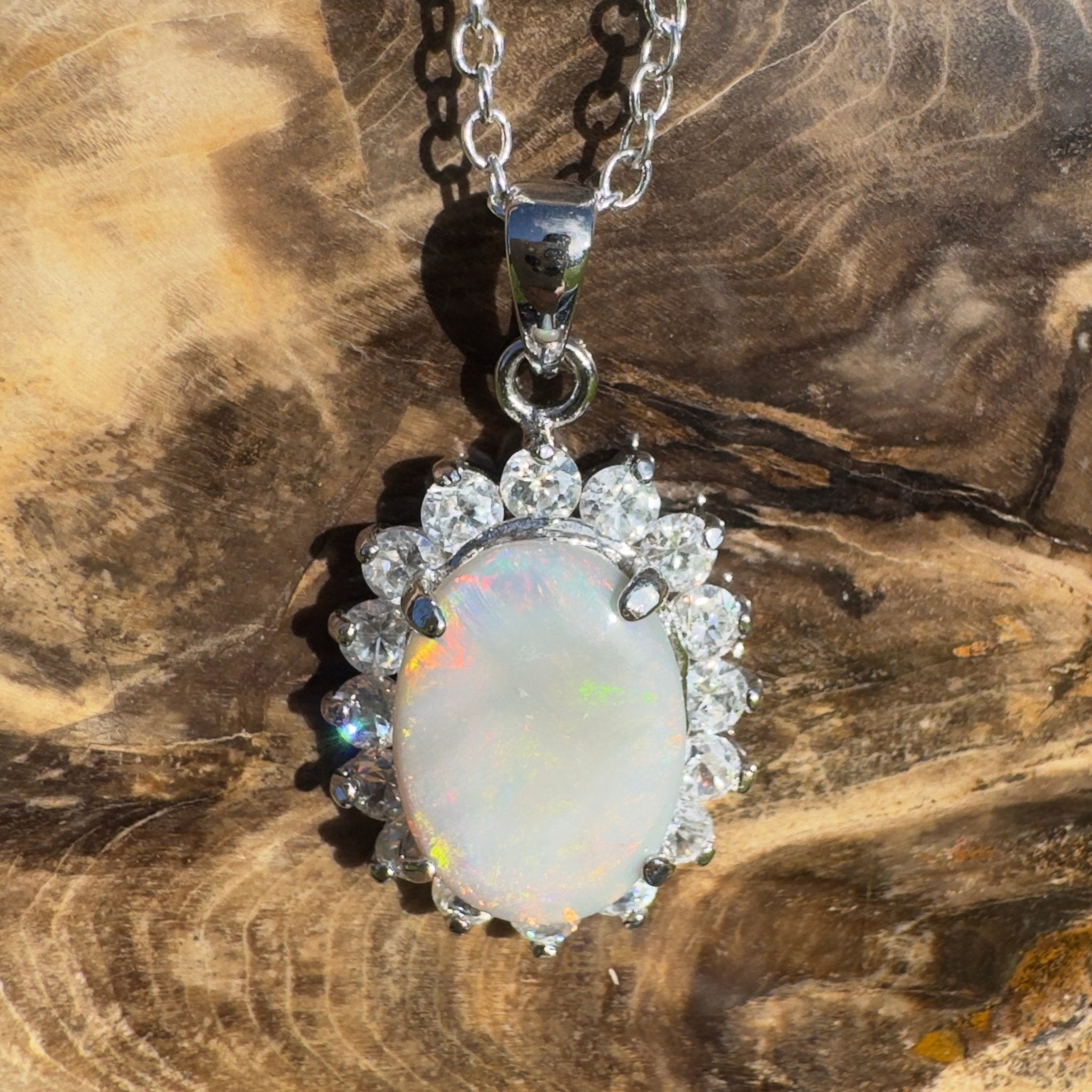 Celestial Halo ~ 2.3ct Lightning Ridge Crystal Opal 925 Silver Pendant