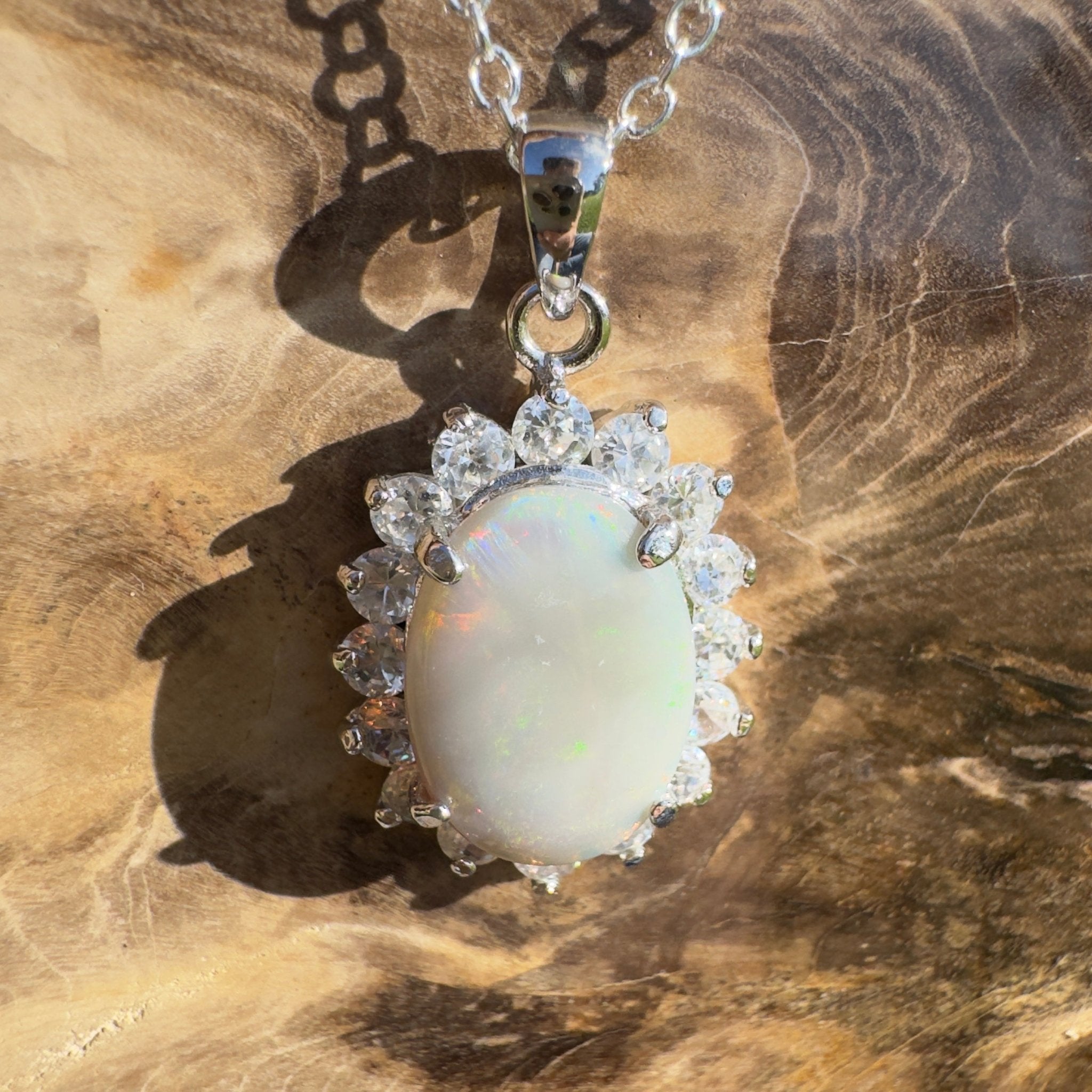 Celestial Halo ~ 2.3ct Lightning Ridge Crystal Opal 925 Silver Pendant