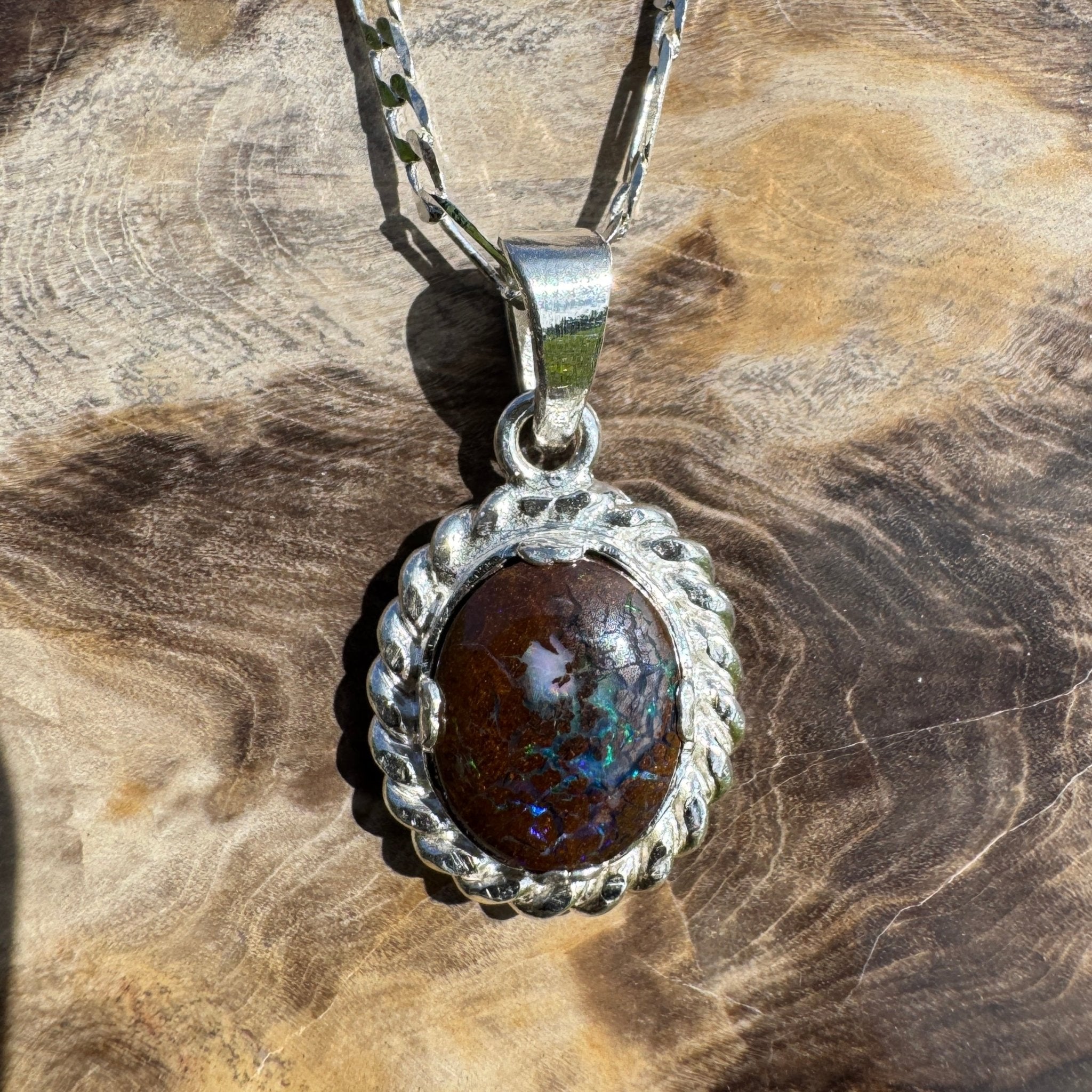 Chambers Pillar Flame ~ Queensland Boulder Opal 925 Sterling Silver Pendant Necklace
