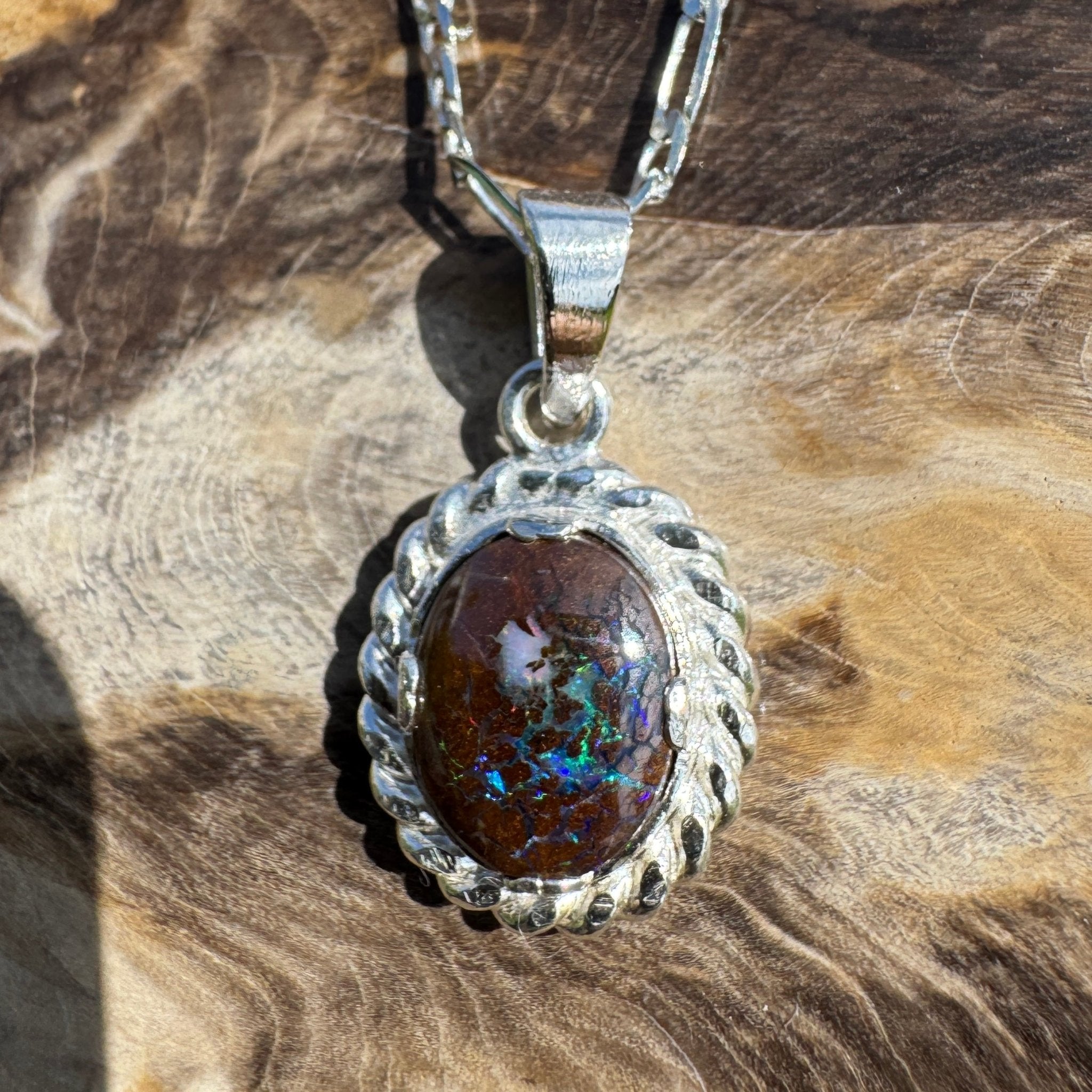 Chambers Pillar Flame ~ Queensland Boulder Opal 925 Sterling Silver Pendant Necklace