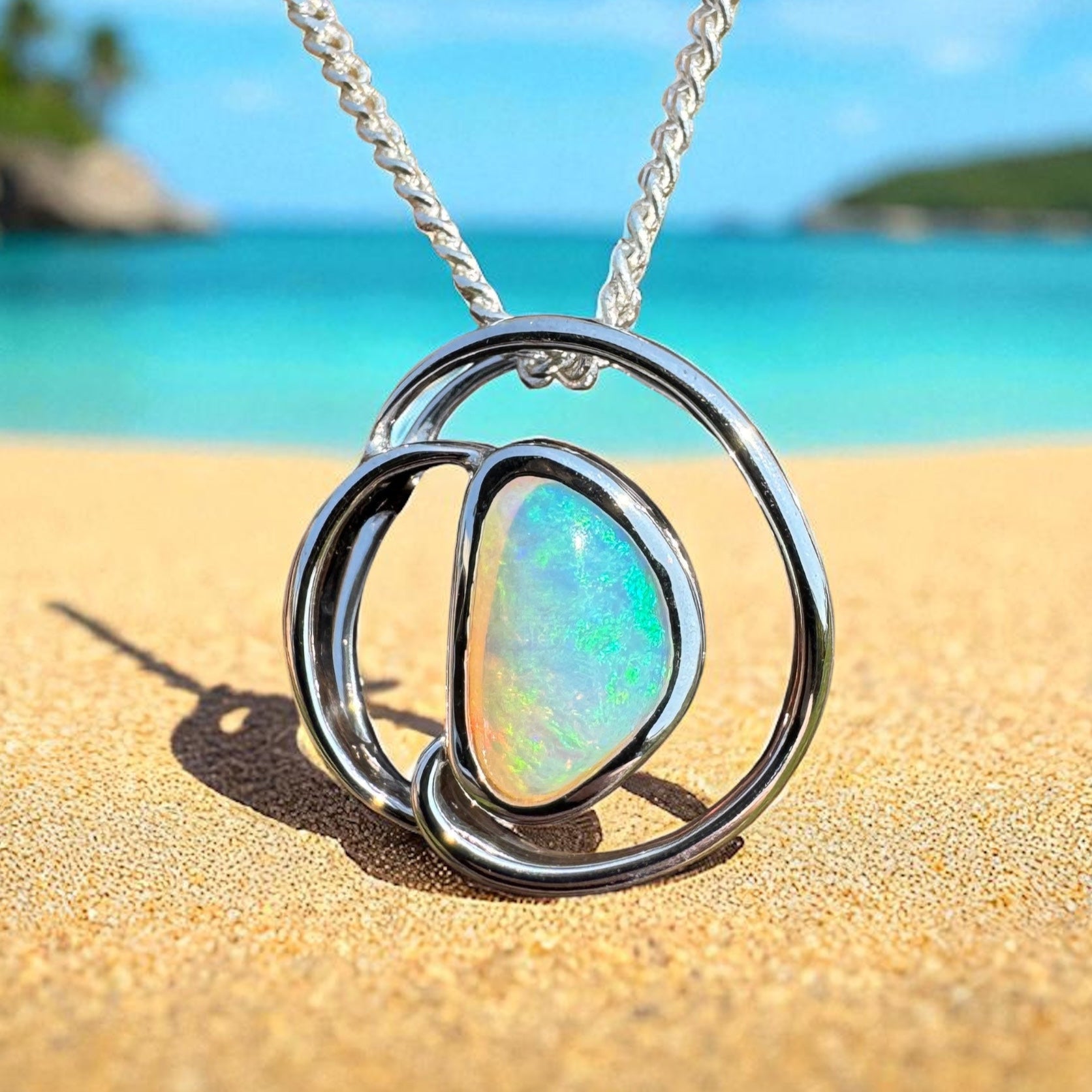 Clifton Beach Surf ~ 1ct Solid Coober Pedy Crystal Opal 925 Sterling Silver Pendant Necklace