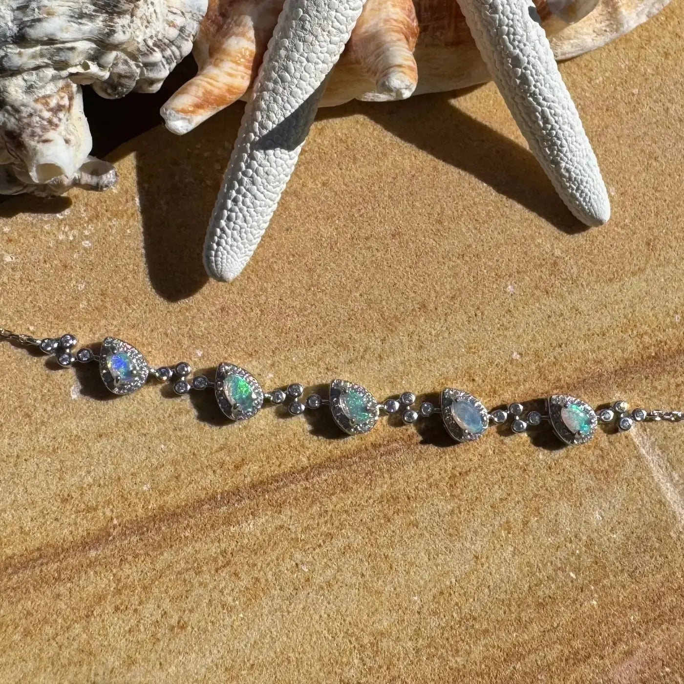 'Coastal Breeze' ~ Handcrafted 1.5ct Mintabie Opal and Cubic Zirconia 925 Sterling Silver Bracelet