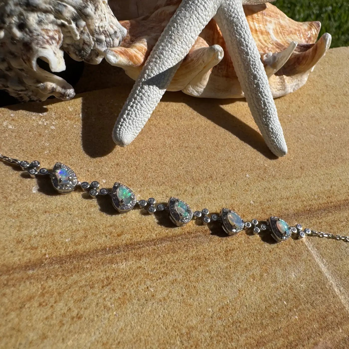 'Coastal Breeze' ~ Handcrafted 1.5ct Mintabie Opal and Cubic Zirconia 925 Sterling Silver Bracelet