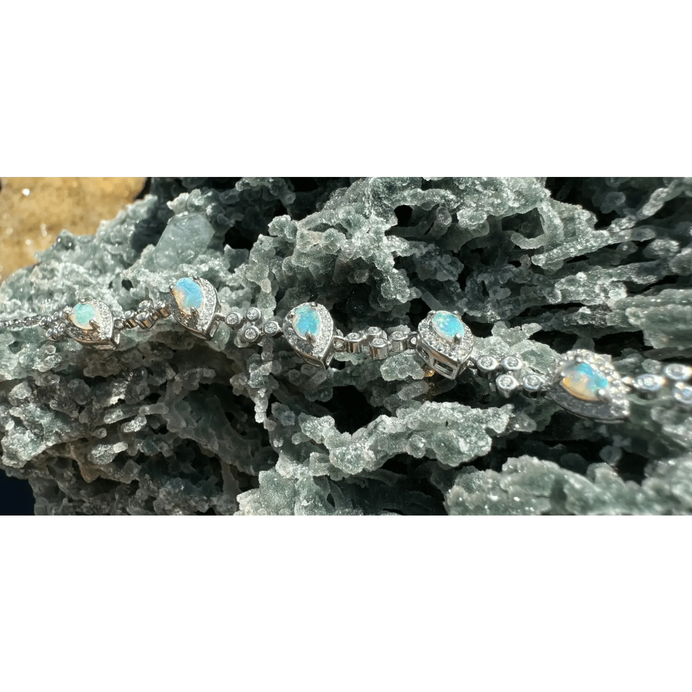 'Coastal Breeze' ~ Handcrafted 1.5ct Mintabie Opal and Cubic Zirconia 925 Sterling Silver Bracelet